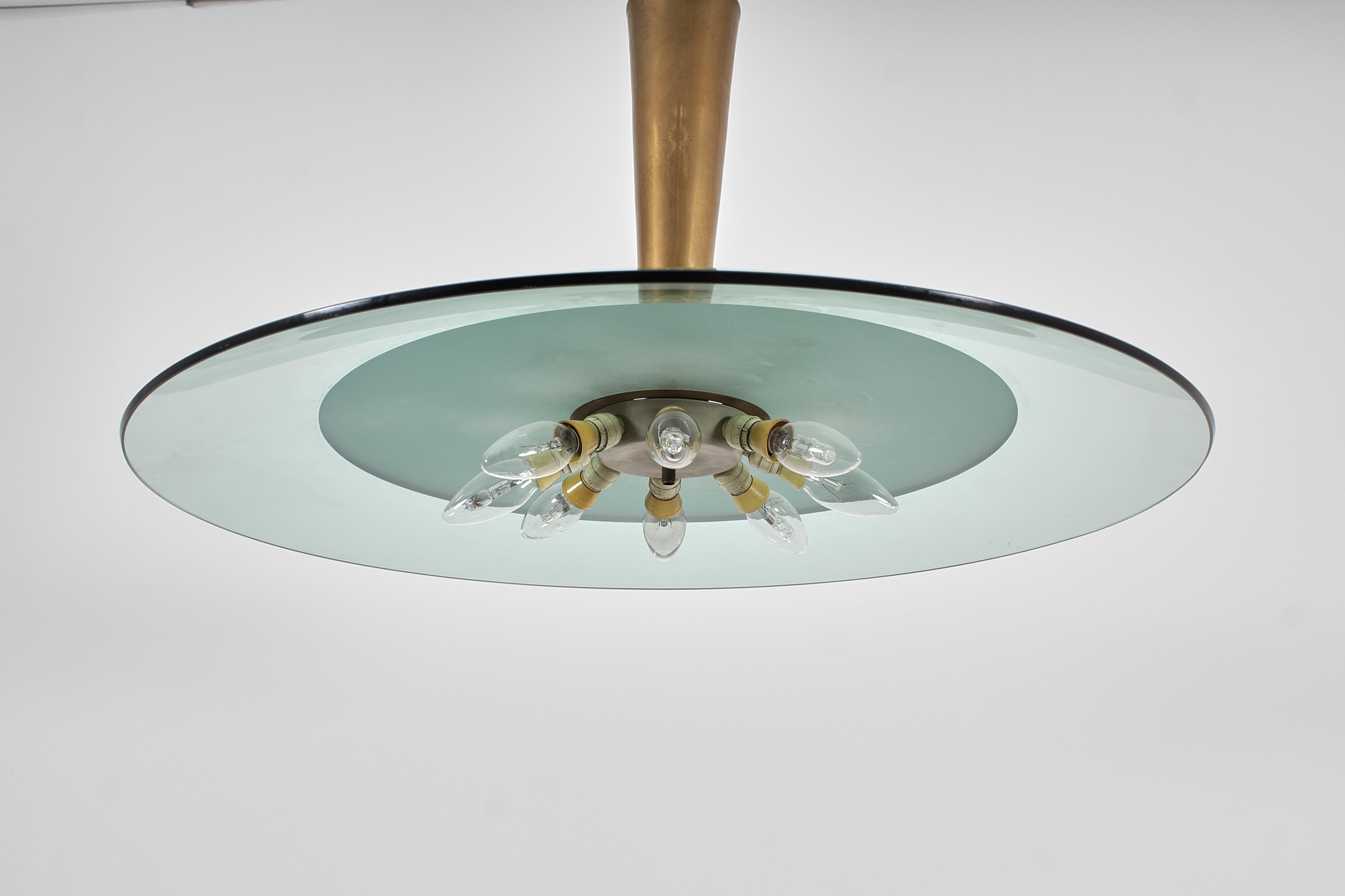 mod. 1462 M. Ingrand for Fontana Arte Brass Amber Glass Chandelier Italy 60s For Sale 11