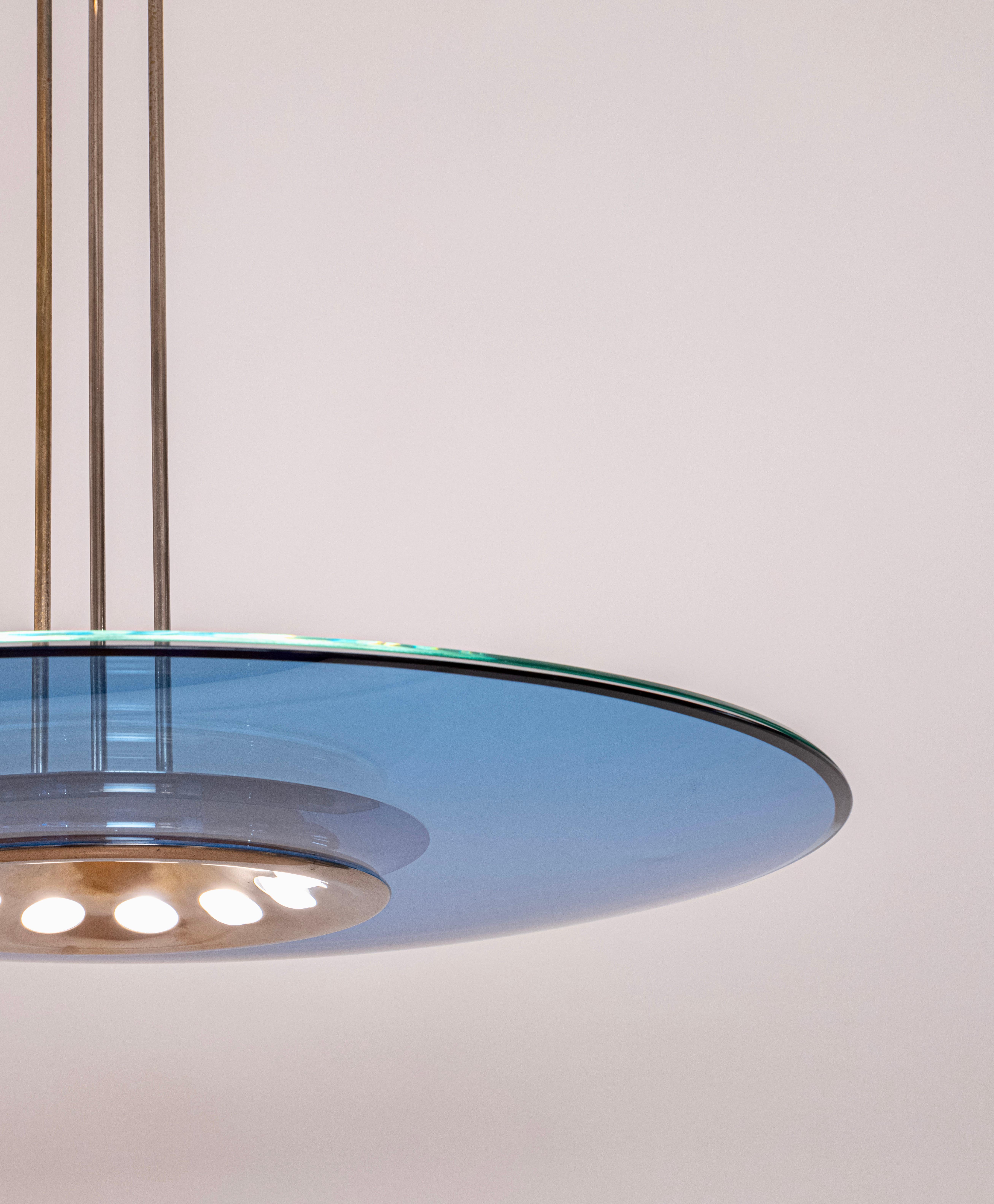 Brass Mod. 1508 Rare Blue Ceiling Light by Max Ingrand for Fontana Arte, Italy, c.1954