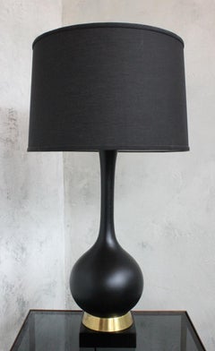 Mid Century American 1960s Black Ceramic Lamp With Brass and Wood Base