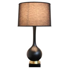 Retro Mid Century American 1960s Black Ceramic Lamp With Brass and Wood Base