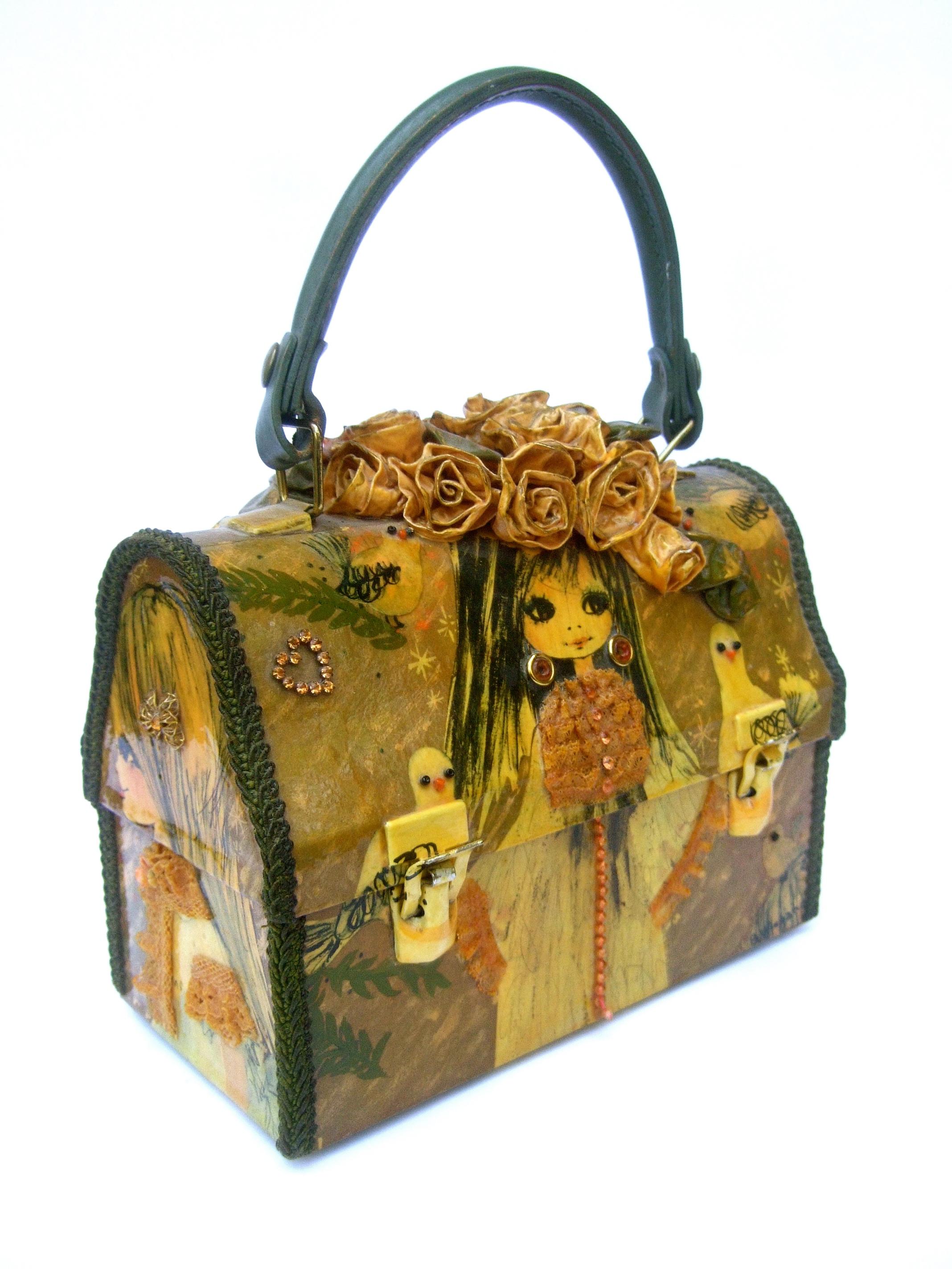 Mod 1960's Quirky decoupage artisan metal lunch box purse 
The unique retro lunch box handbag is decorated with a series of young girls; surrounded by a collection of white dove birds & ballon motifs on all four sides

These handmade quirky artisan