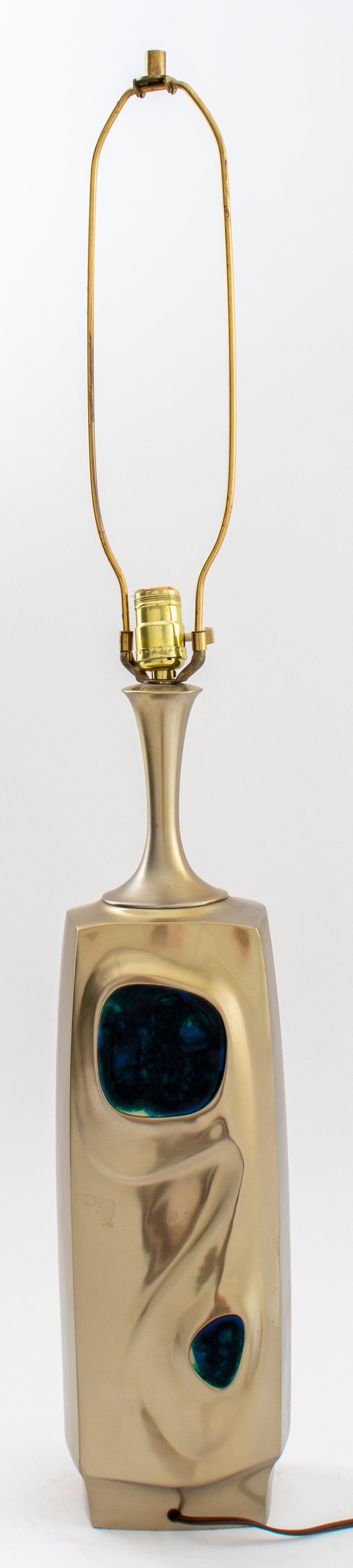 Mid 1960s style gold tone lamp, rectangular amorphic form, with areas of inlaid polychrome resin. Measures: 39