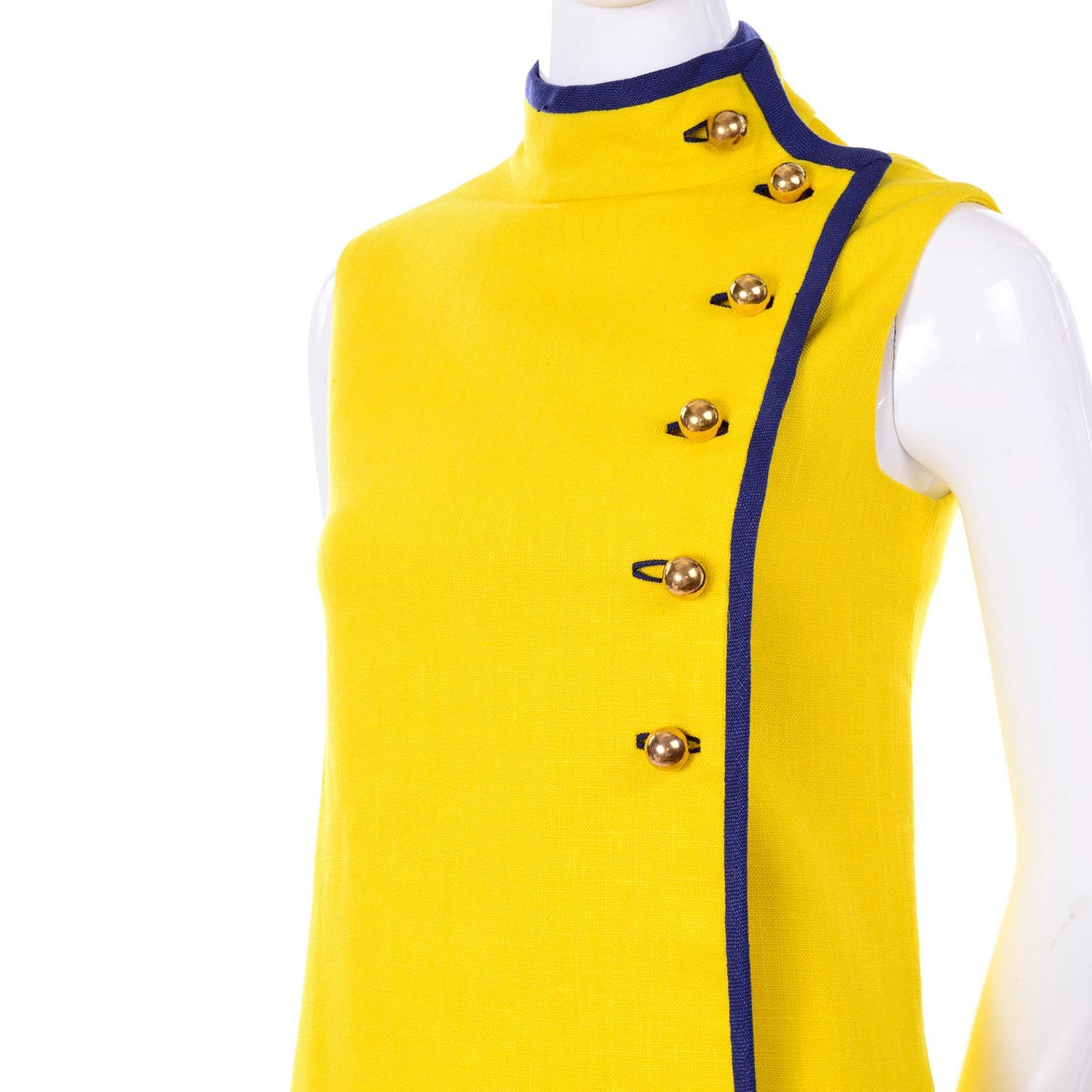 Mod 1960s Yellow Linen Sleeveless Dress With Navy Blue Trim And