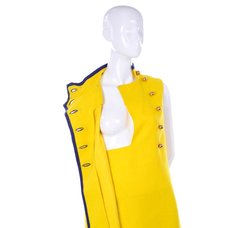 Mod 1960s Yellow Linen Sleeveless Dress With Navy Blue Trim And