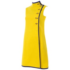 Mod 1960s Yellow Linen Sleeveless Dress With Navy Blue Trim & Brass Buttons