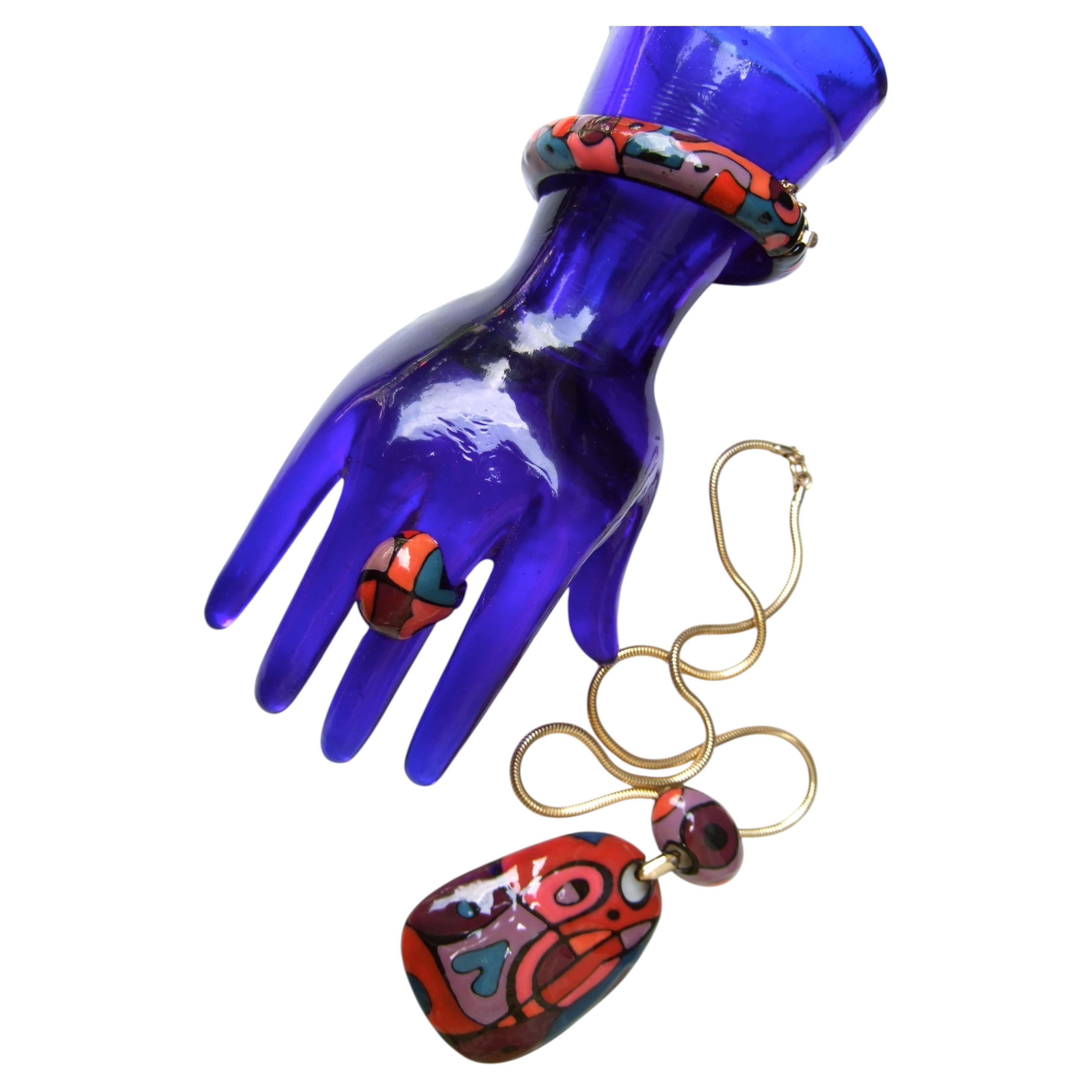 Mod 1970s Enamel Necklace - Bracelet - Ring - Ensemble Designed by Eisenberg For Sale