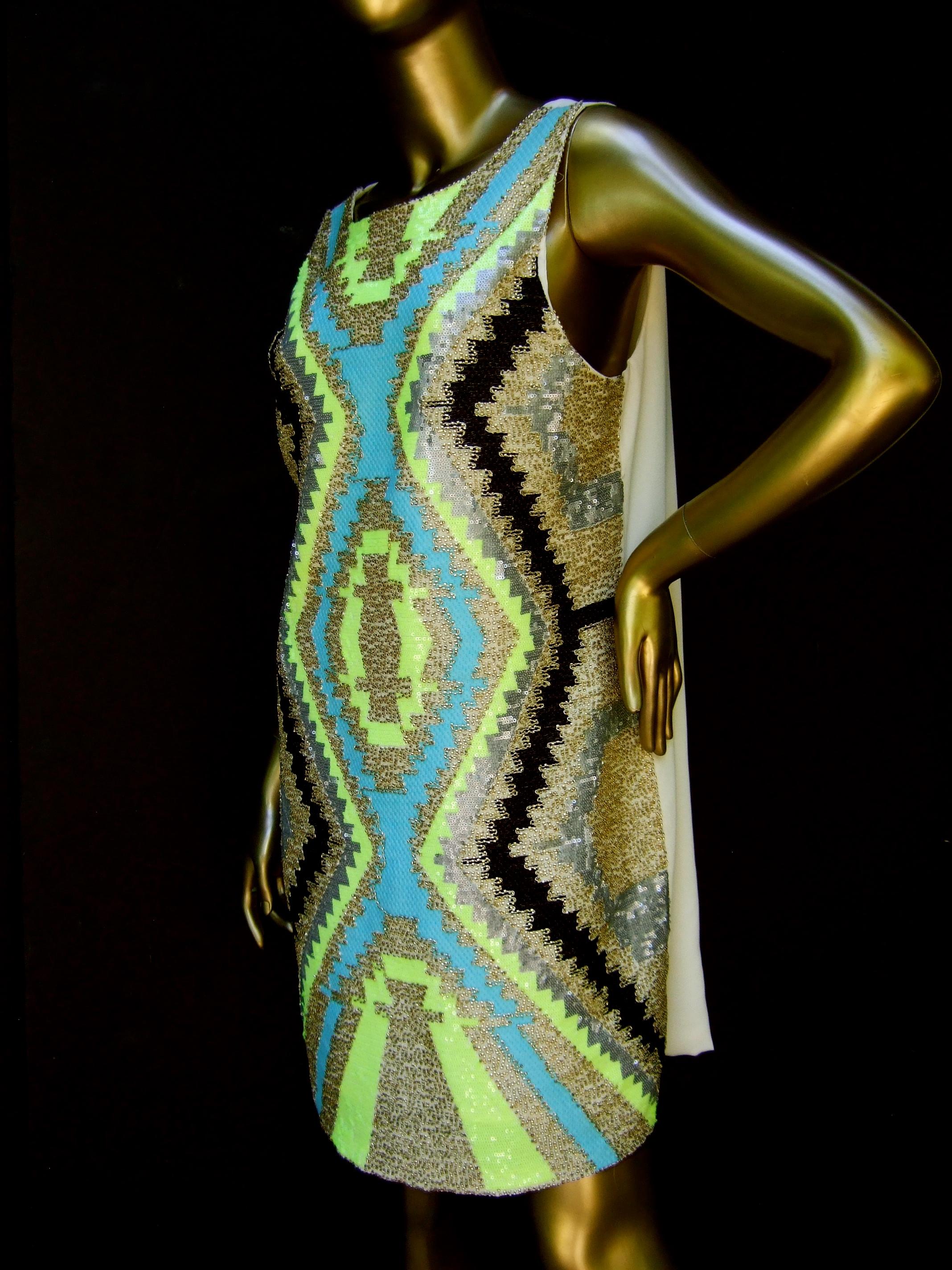 Women's  Mod Bold Sequined & Beaded Sleeveless Sheath Dress Designed by Harper 21st c For Sale