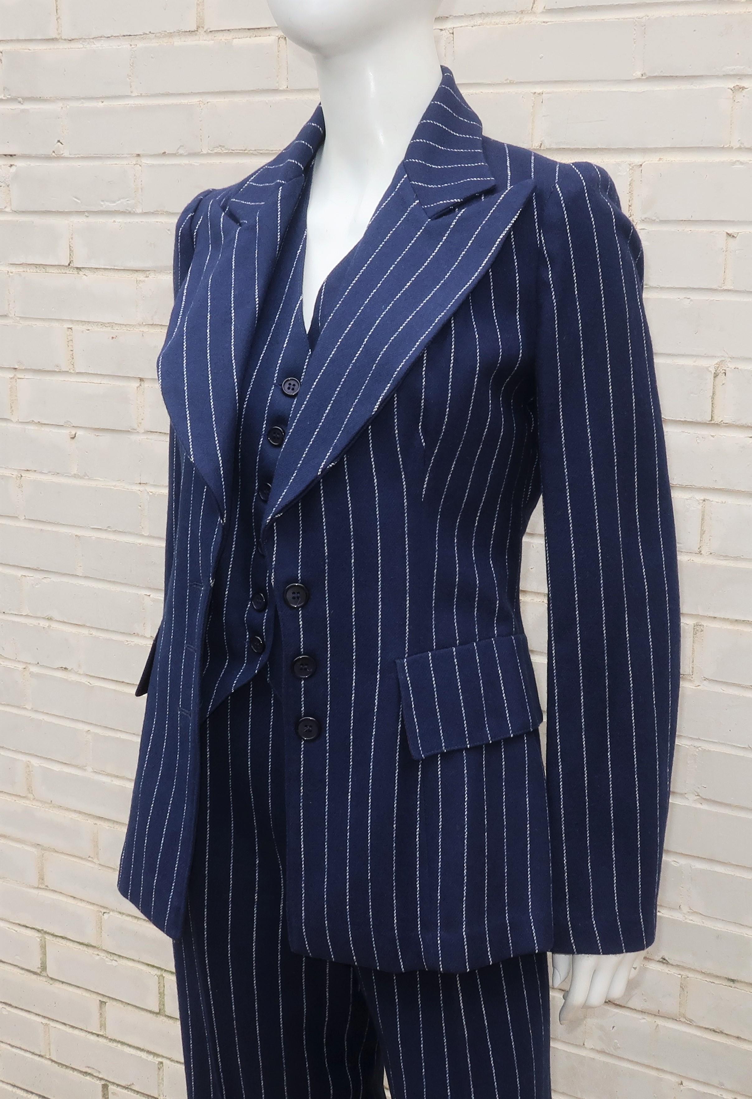Mod C.1970 Stirling Cooper Blue & White Pinstripe Three Piece Suit In Good Condition In Atlanta, GA