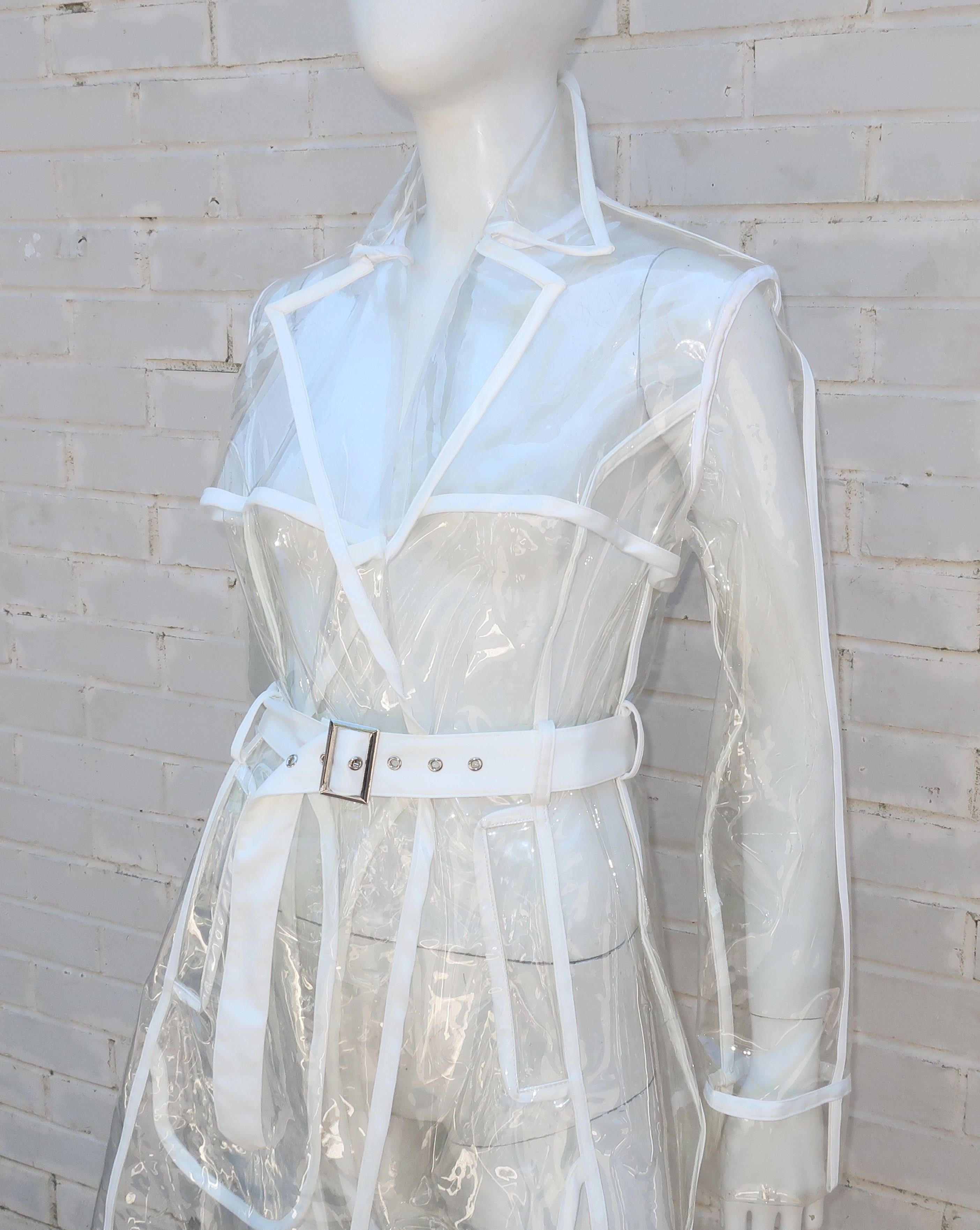 Gray Mod Clear Vinyl Trench Raincoat With White Piping