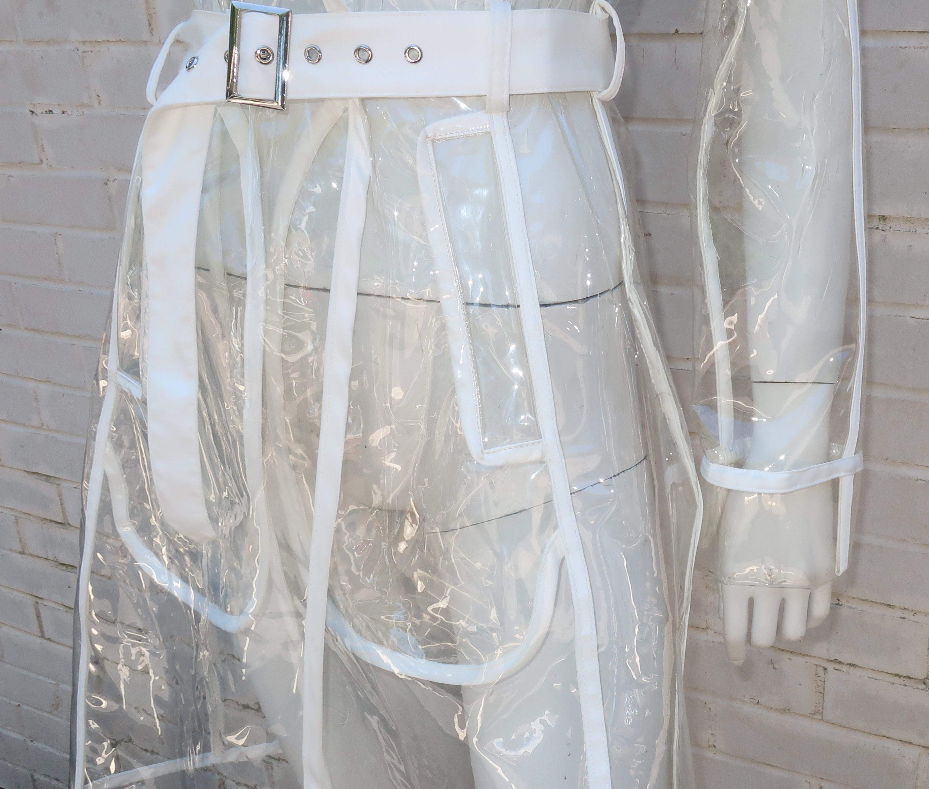 Mod Clear Vinyl Trench Raincoat With White Piping In Good Condition In Atlanta, GA