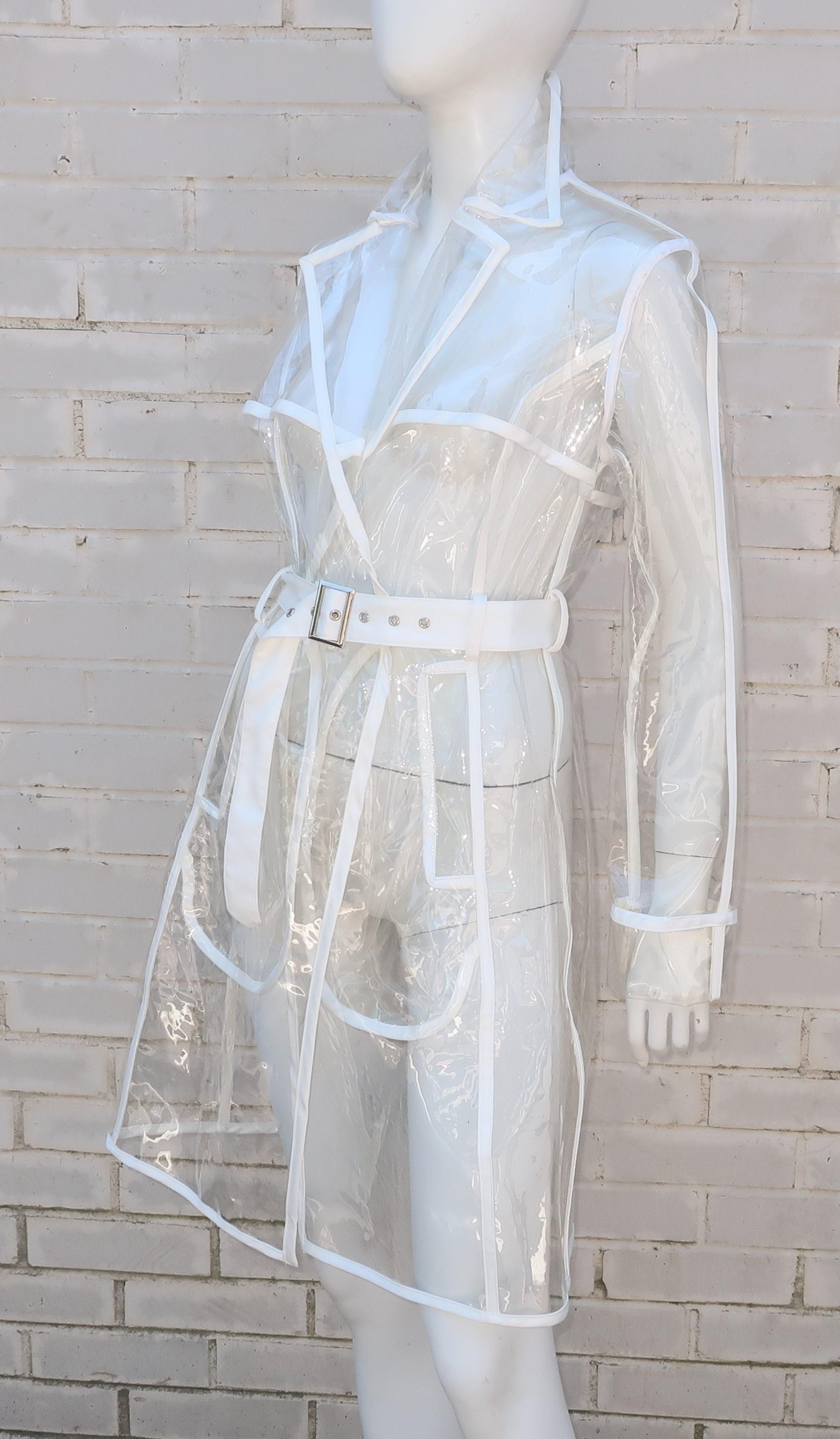 Women's Mod Clear Vinyl Trench Raincoat With White Piping