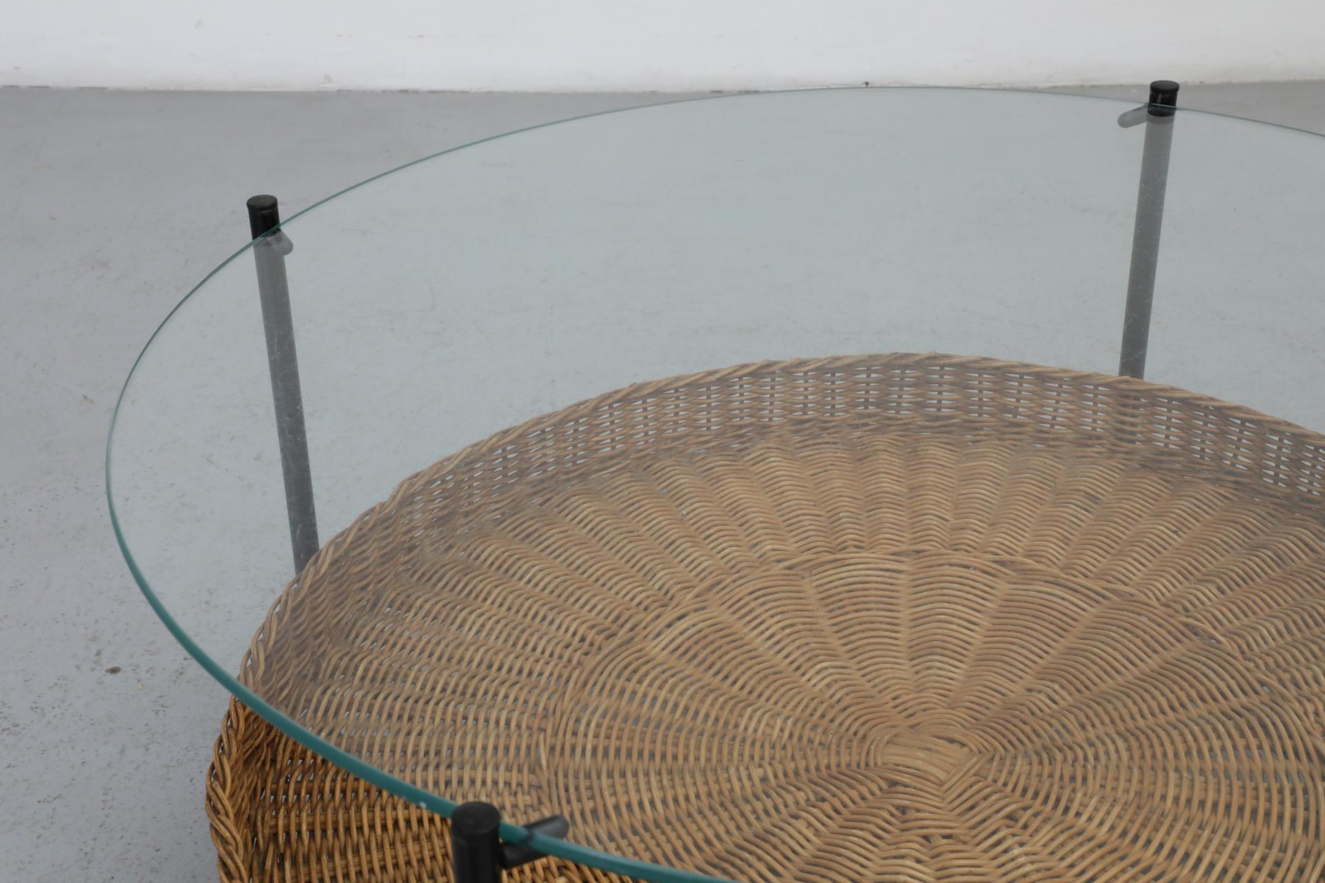 MOD Dirk van Sliedregt Round Glass and Rattan Coffee or Side Table For Sale 2