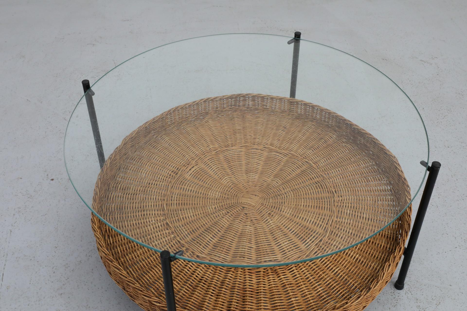 Enameled MOD Dirk van Sliedregt Round Glass and Rattan Coffee or Side Table For Sale