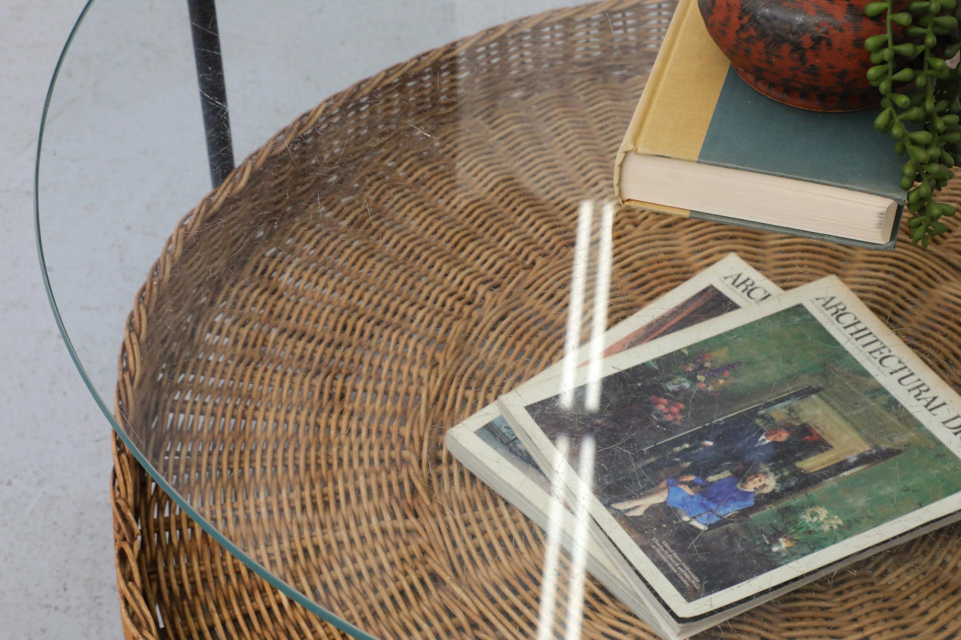 20th Century MOD Dirk van Sliedregt Round Glass and Rattan Coffee or Side Table For Sale
