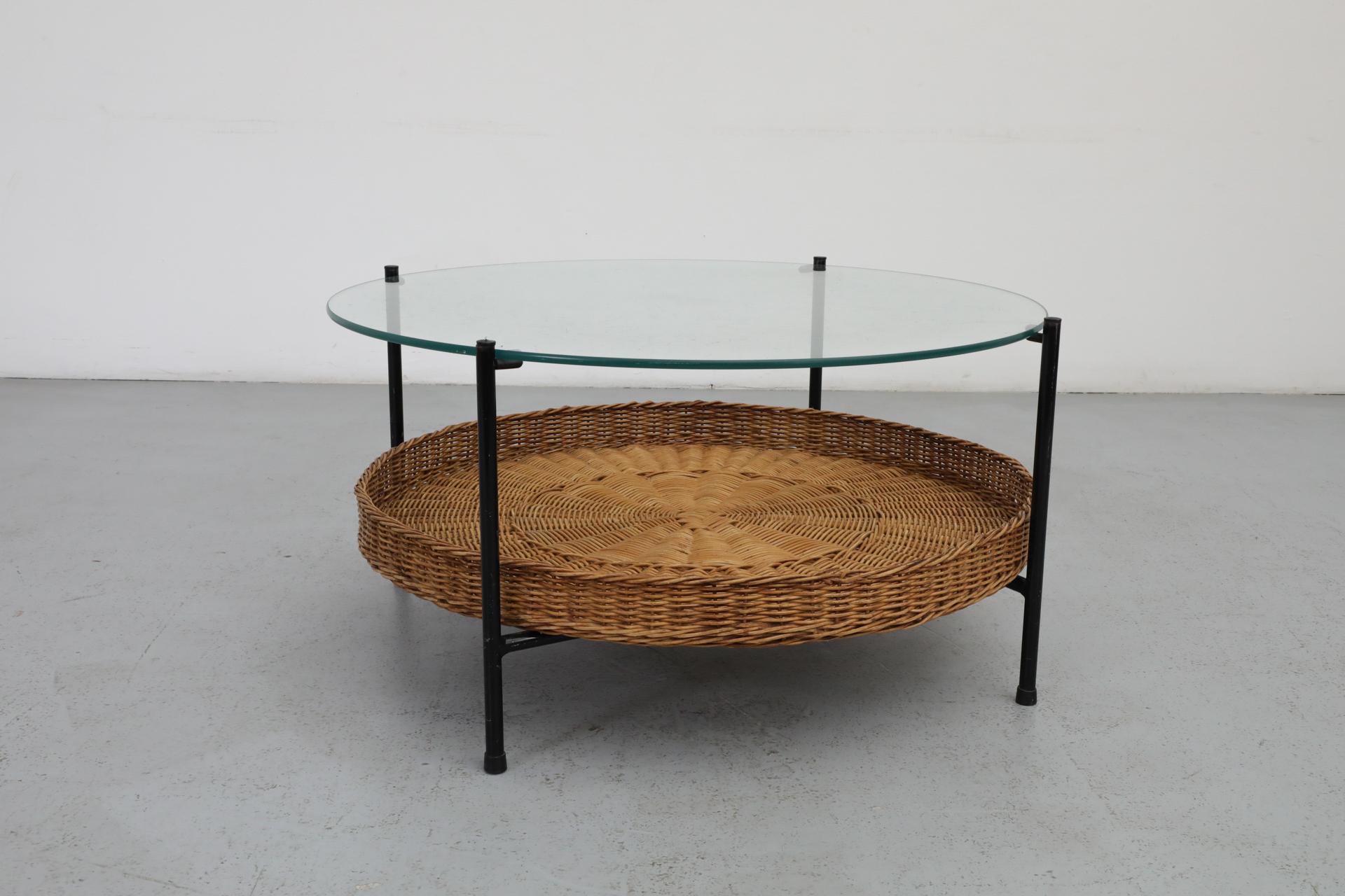MOD Dirk van Sliedregt Round Glass and Rattan Coffee or Side Table For Sale 1