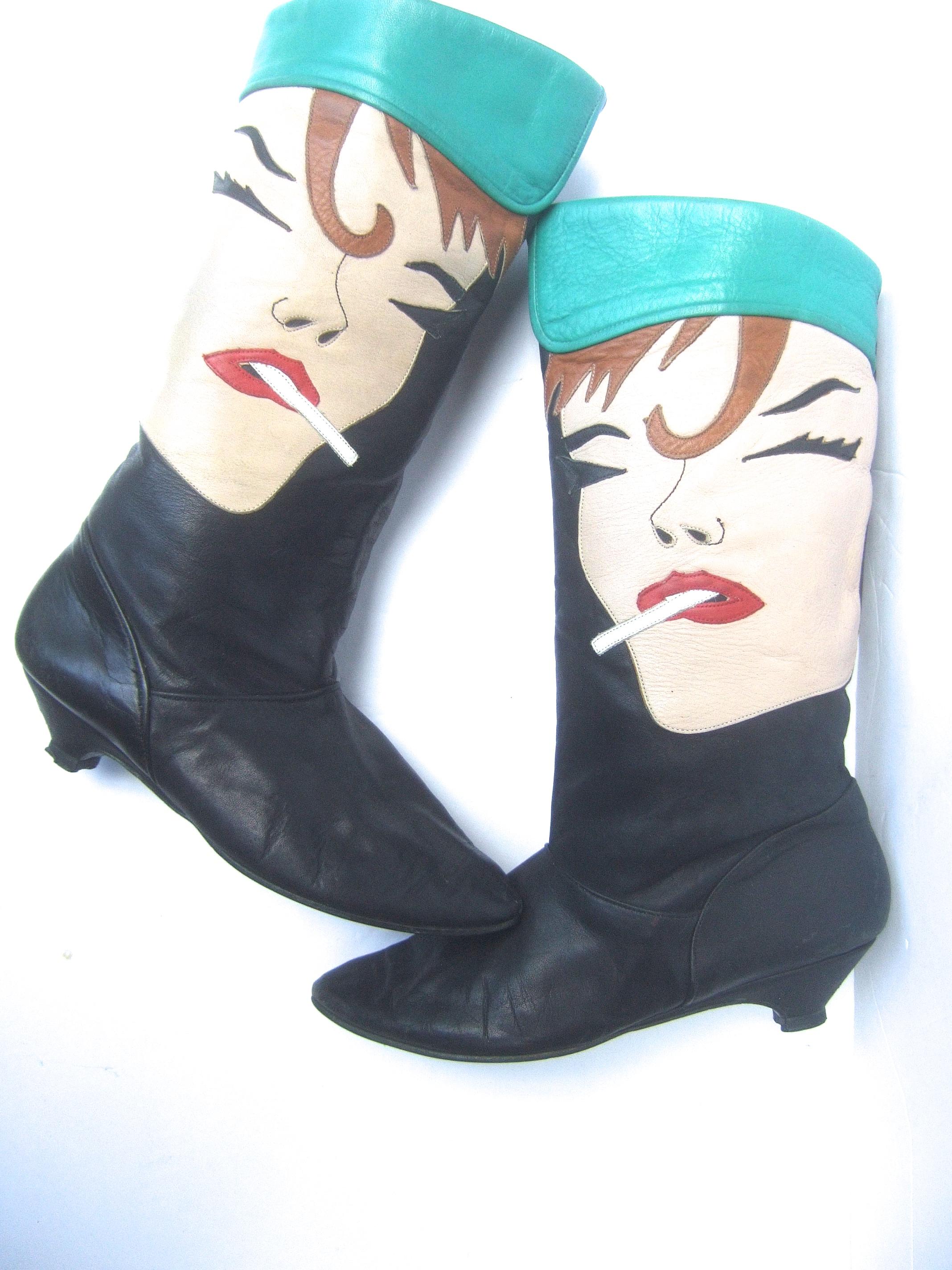 Mod Edgy Pop Art Leather Boots Designed by Zalo c 1980s 2