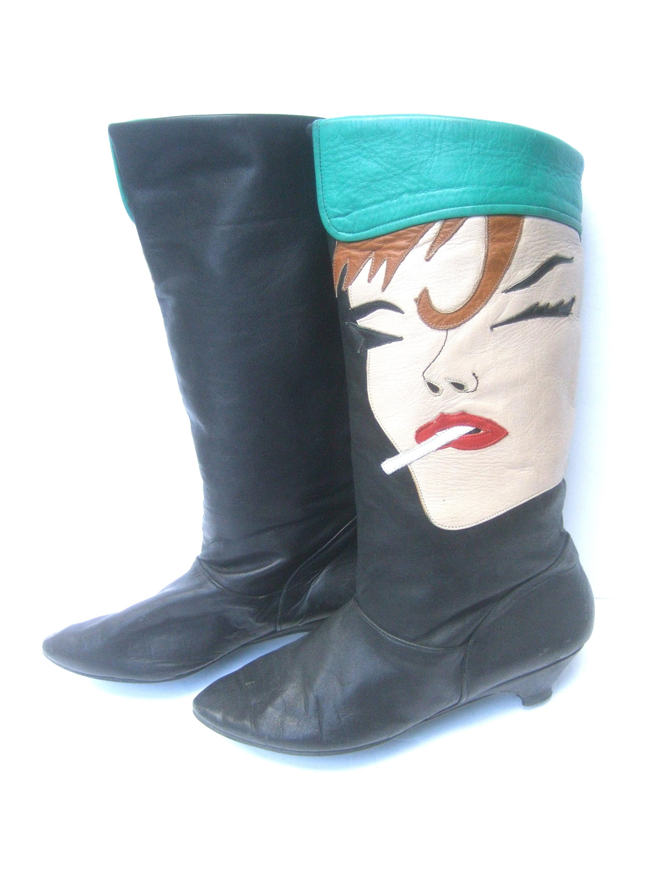 Mod Edgy Pop Art Leather Boots Designed by Zalo c 1980s 4