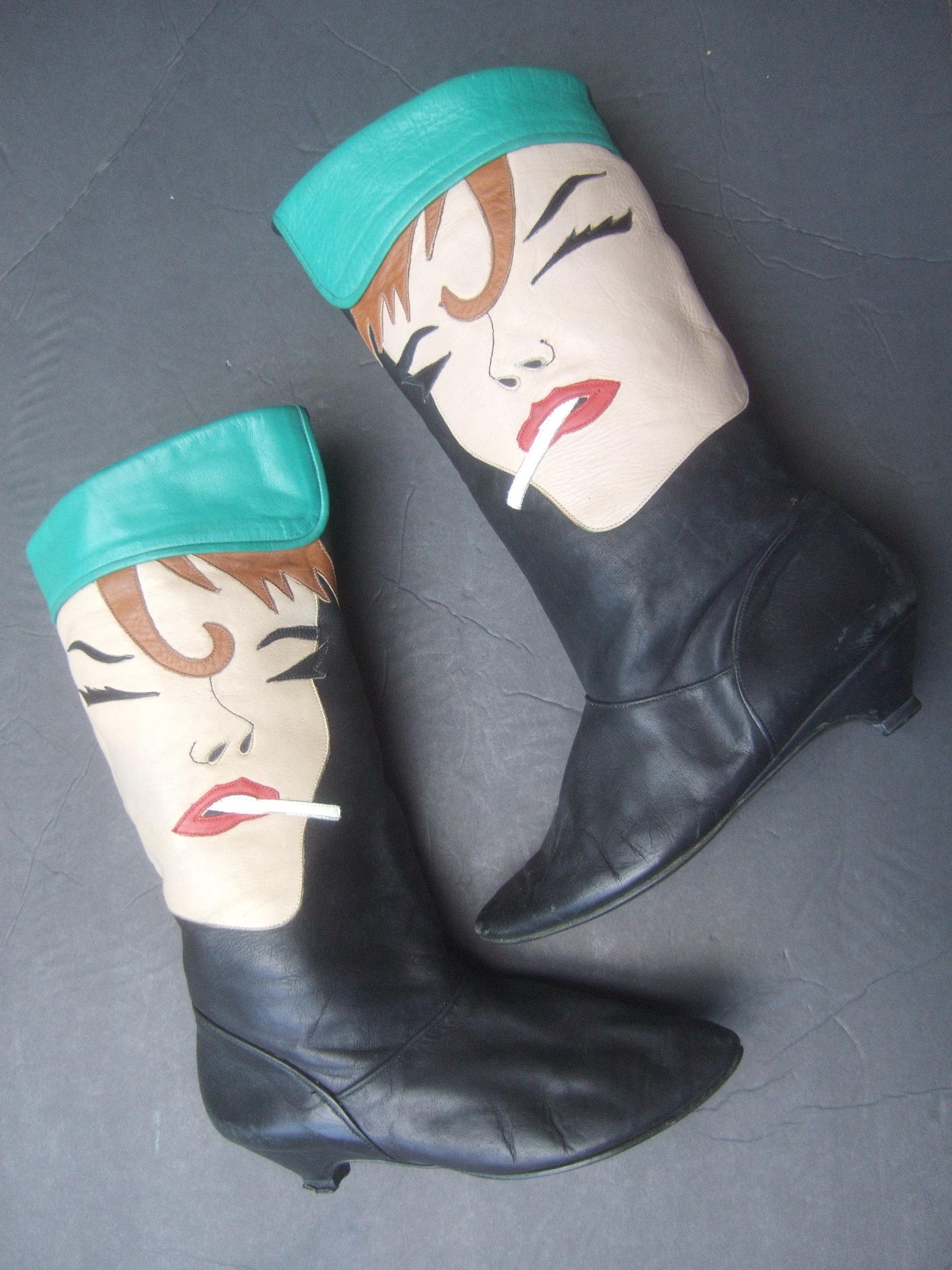 Black Mod Edgy Pop Art Leather Boots Designed by Zalo c 1980s