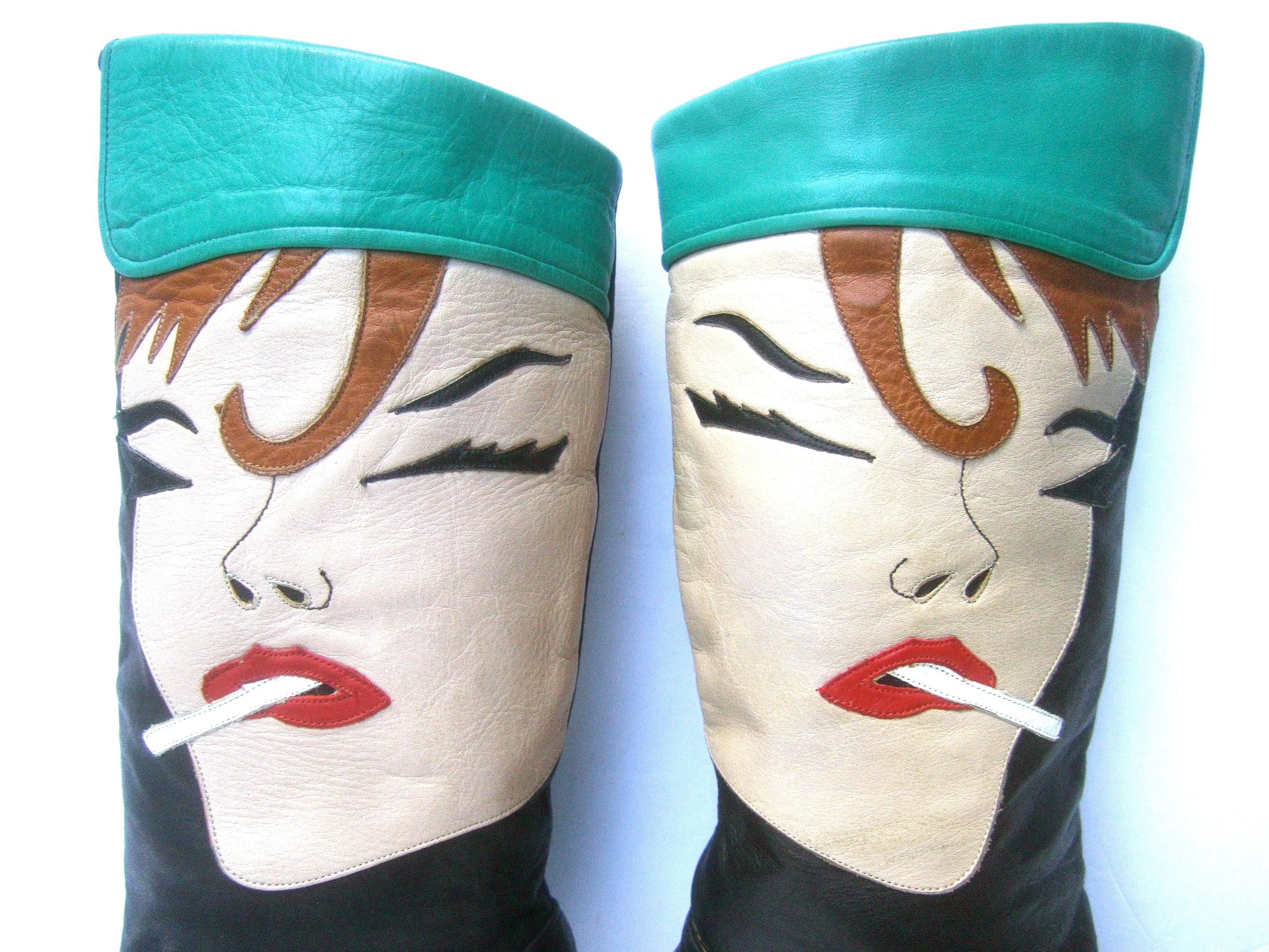 Mod Edgy Pop Art Leather Boots Designed by Zalo c 1980s In Fair Condition In University City, MO