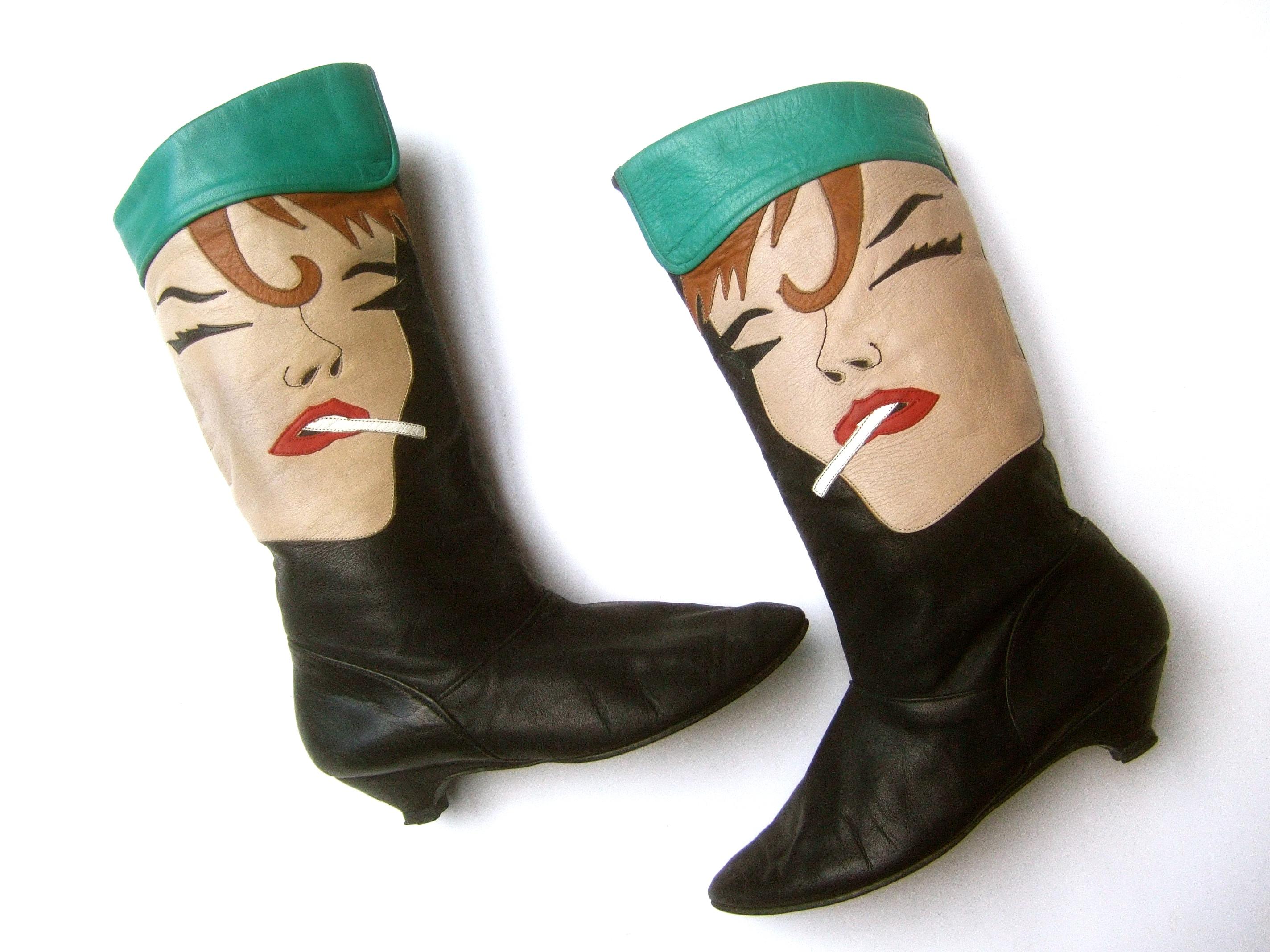 Mod Edgy Pop Art Leather Boots Designed by Zalo c 1980s 1