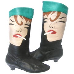 Mod Edgy Pop Art Lederstiefel entworfen von Zalo ca. 1980er Jahre