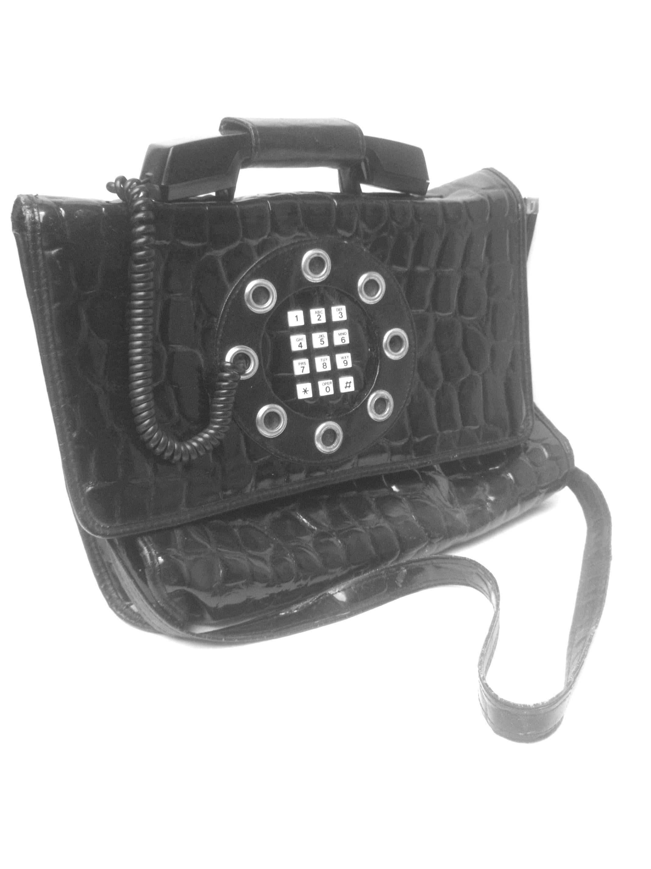 Mod Embossed Black Vinyl Telephone Shoulder Bag c 1980s For Sale 4