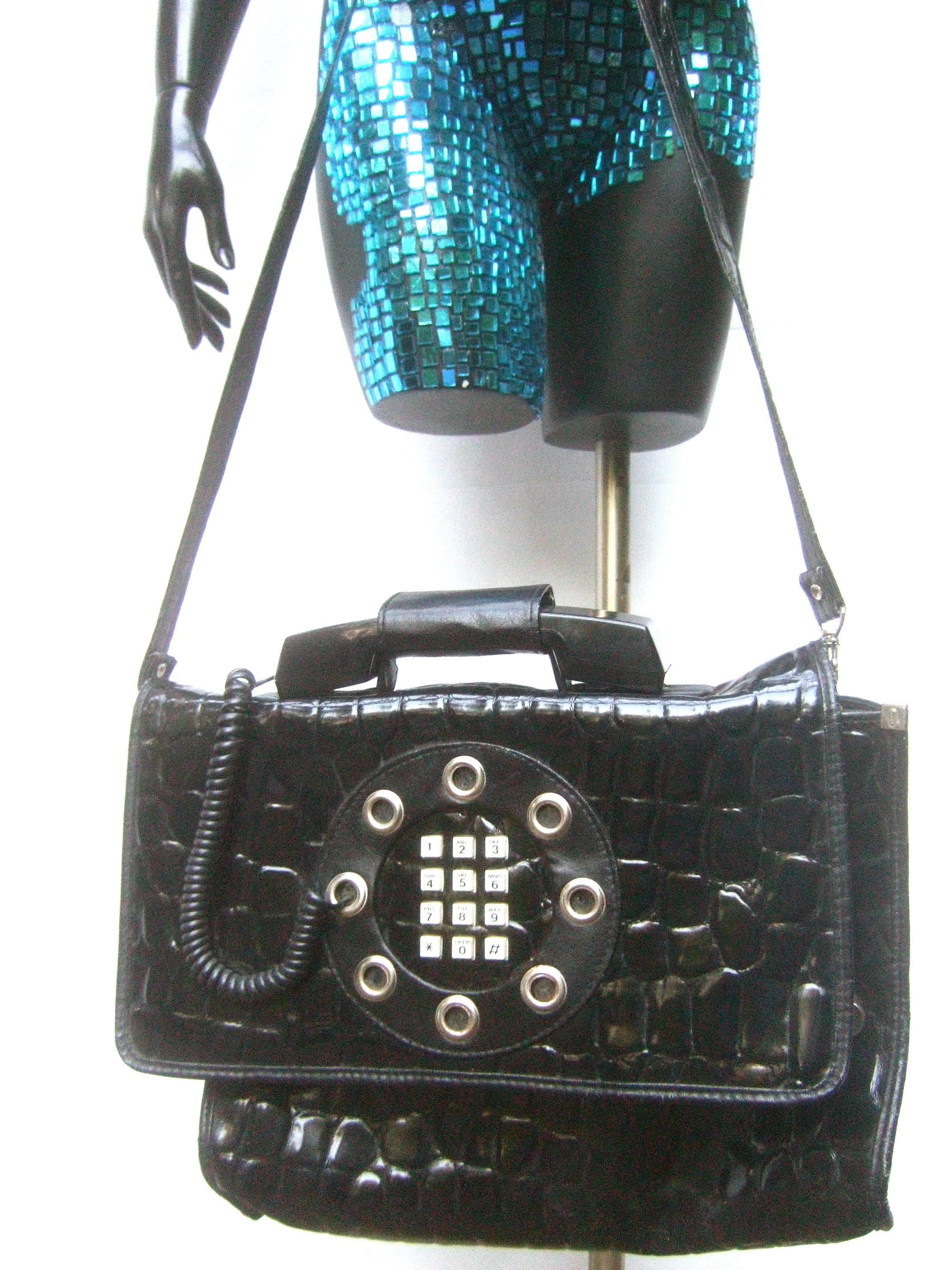 Mod Embossed Black Vinyl Telephone Shoulder Bag c 1980s For Sale 7