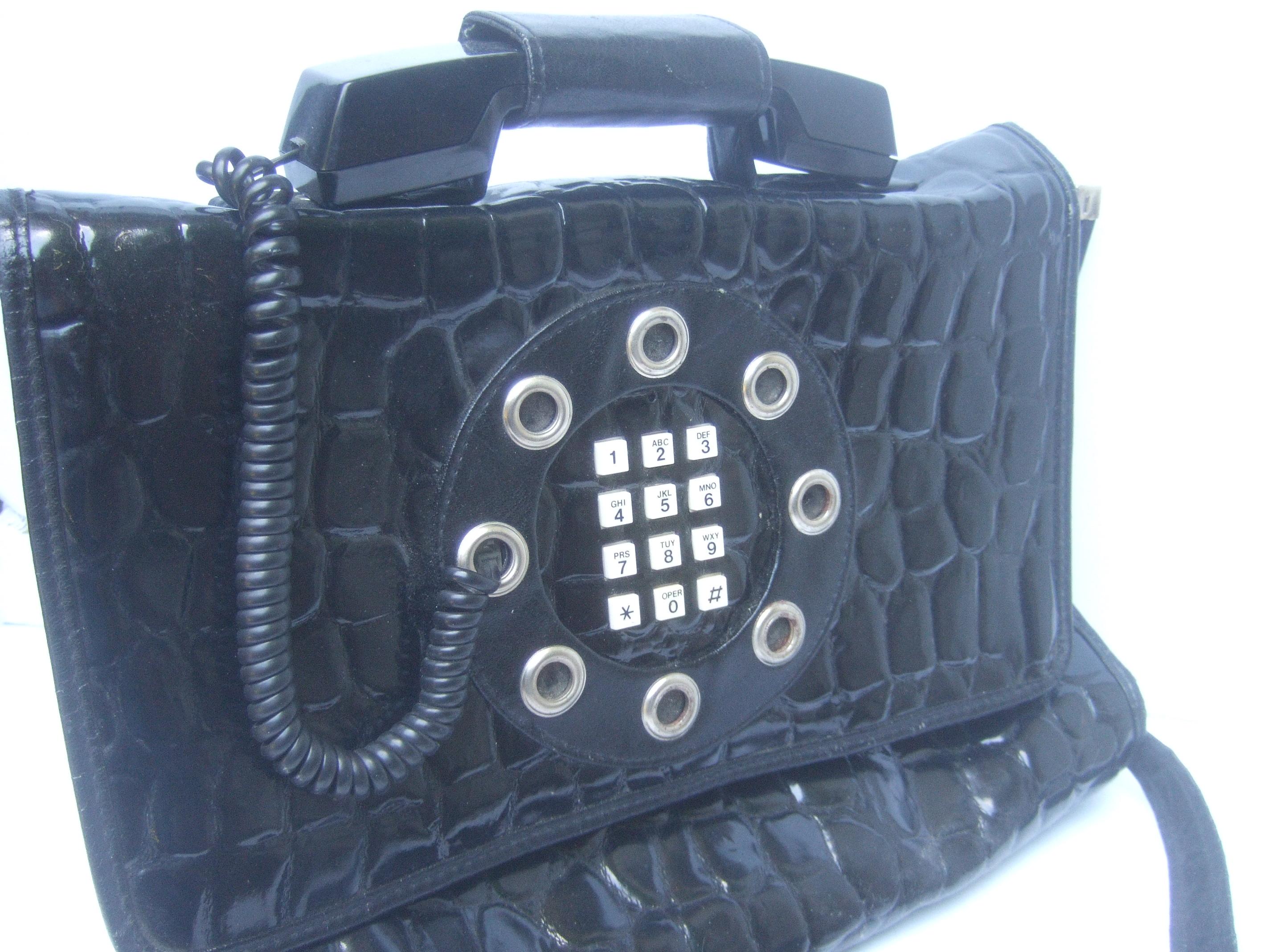 Mod Embossed Black Vinyl Telephone Shoulder Bag c 1980s For Sale 8