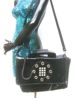 Mod Embossed Black Vinyl Telephone Shoulder Bag c 1980s