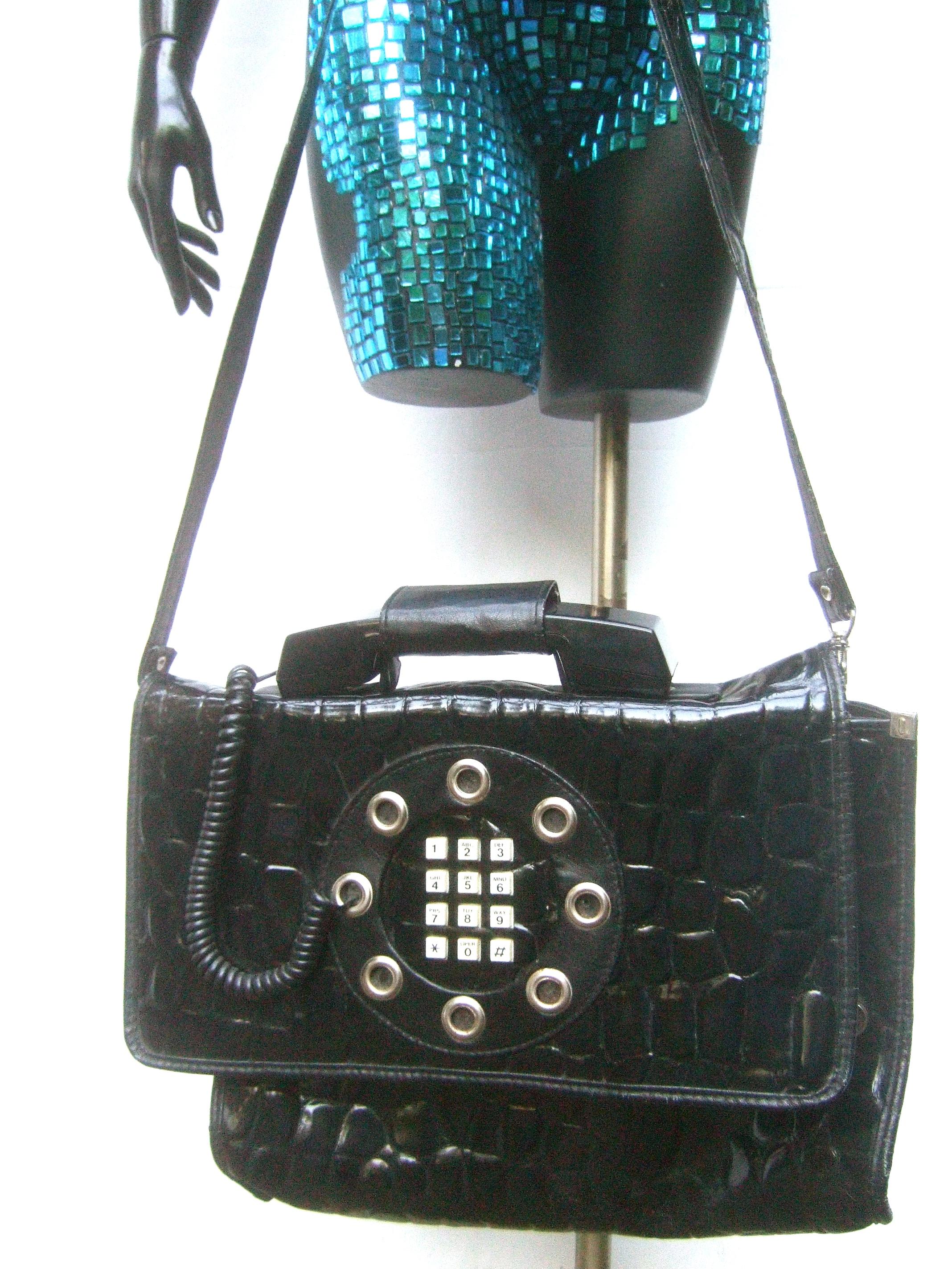 Women's or Men's Mod Embossed Black Vinyl Telephone Shoulder Bag c 1980s For Sale
