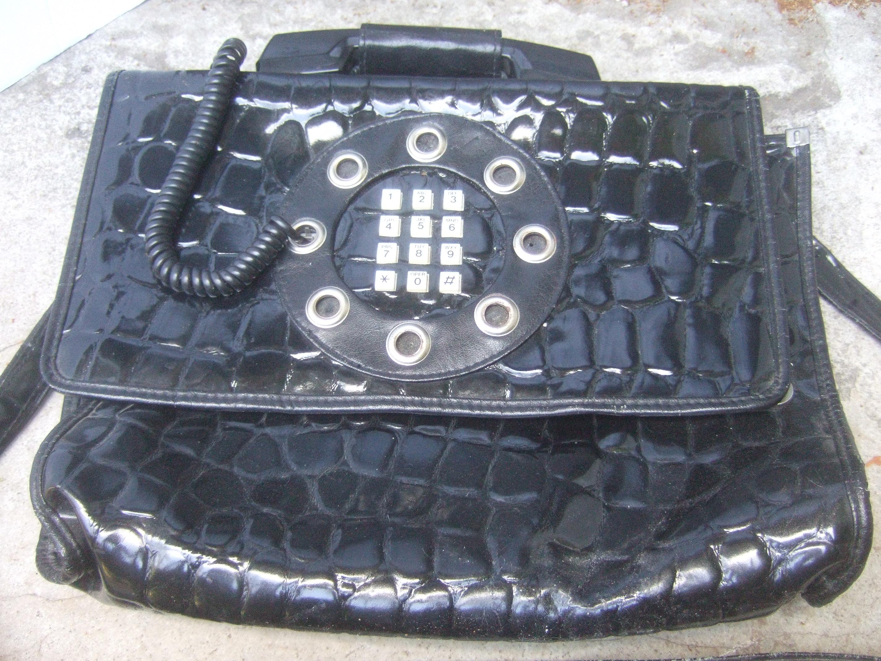 Mod Embossed Black Vinyl Telephone Shoulder Bag c 1980s For Sale 2