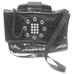 Vintage Mod Embossed Black Vinyl Telephone Shoulder Bag c 1980s