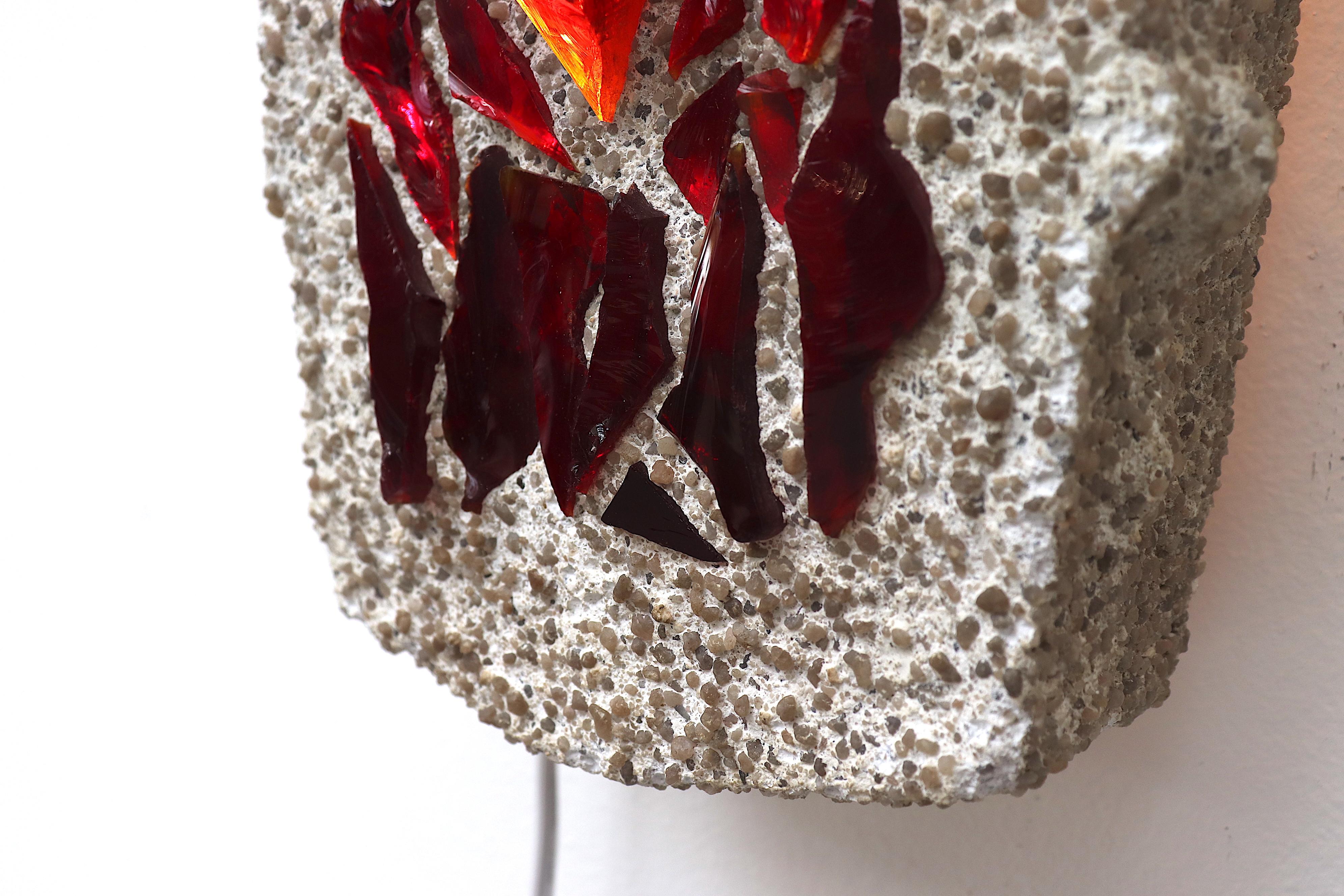 Mod Red Glass Shard Mosaic and Texture Pebbled Cement Wall Art Light For Sale 4