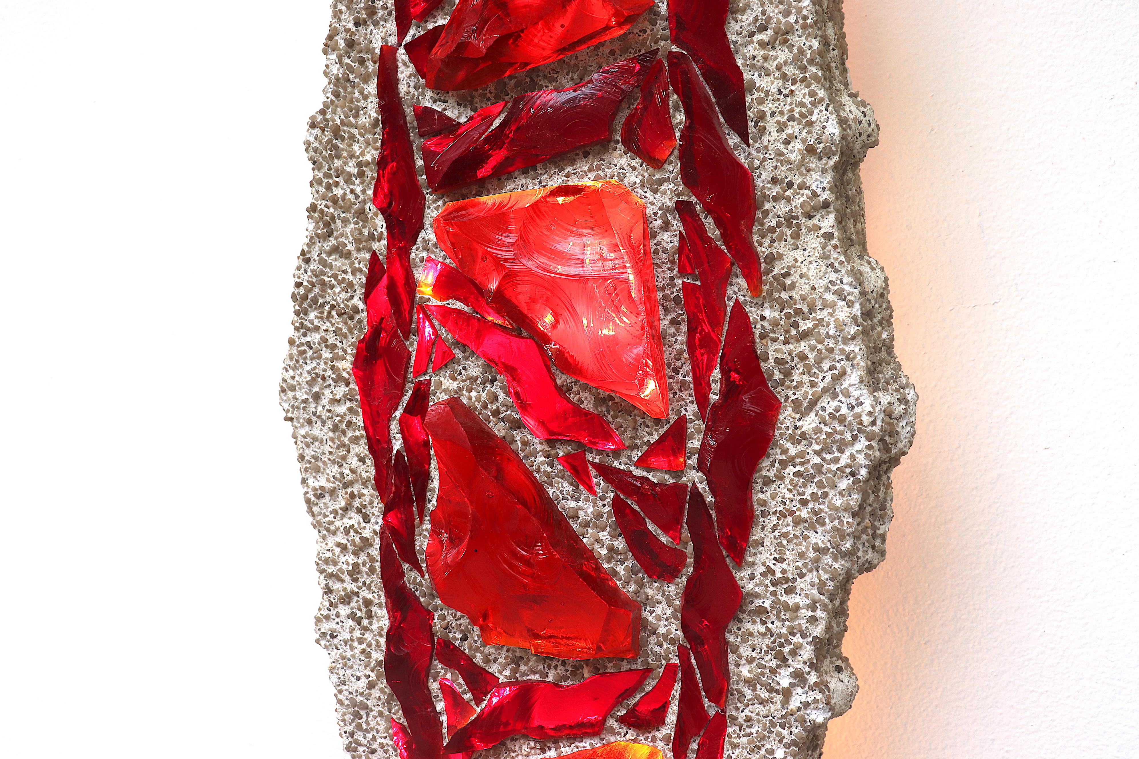 Mod Red Glass Shard Mosaic and Texture Pebbled Cement Wall Art Light For Sale 1