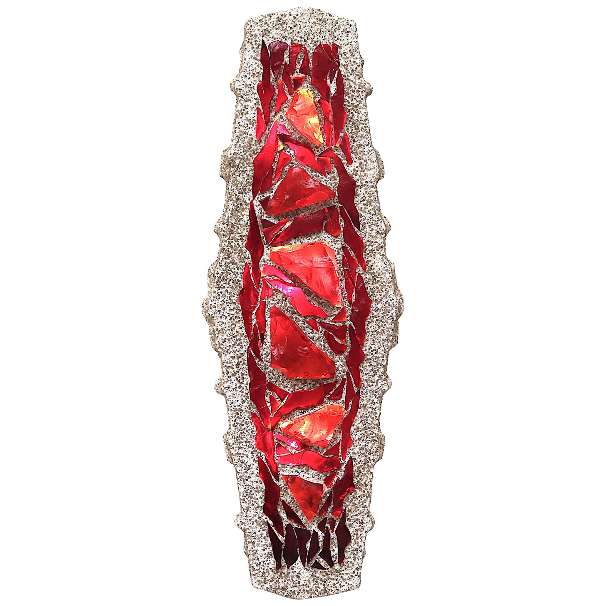 Mod Red Glass Shard Mosaic and Texture Pebbled Cement Wall Art Light