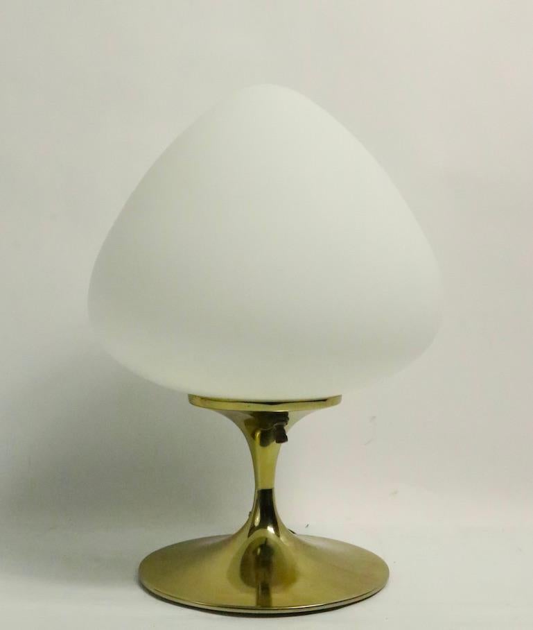 Unusual example of the Classic Bill Curry mushroom lamp, having a sophisticated gold tone base and frosted glass egg shaped globe shade. The lamp was made in California, shade was made in Italy The lamp is in very fine, original, clean, and working