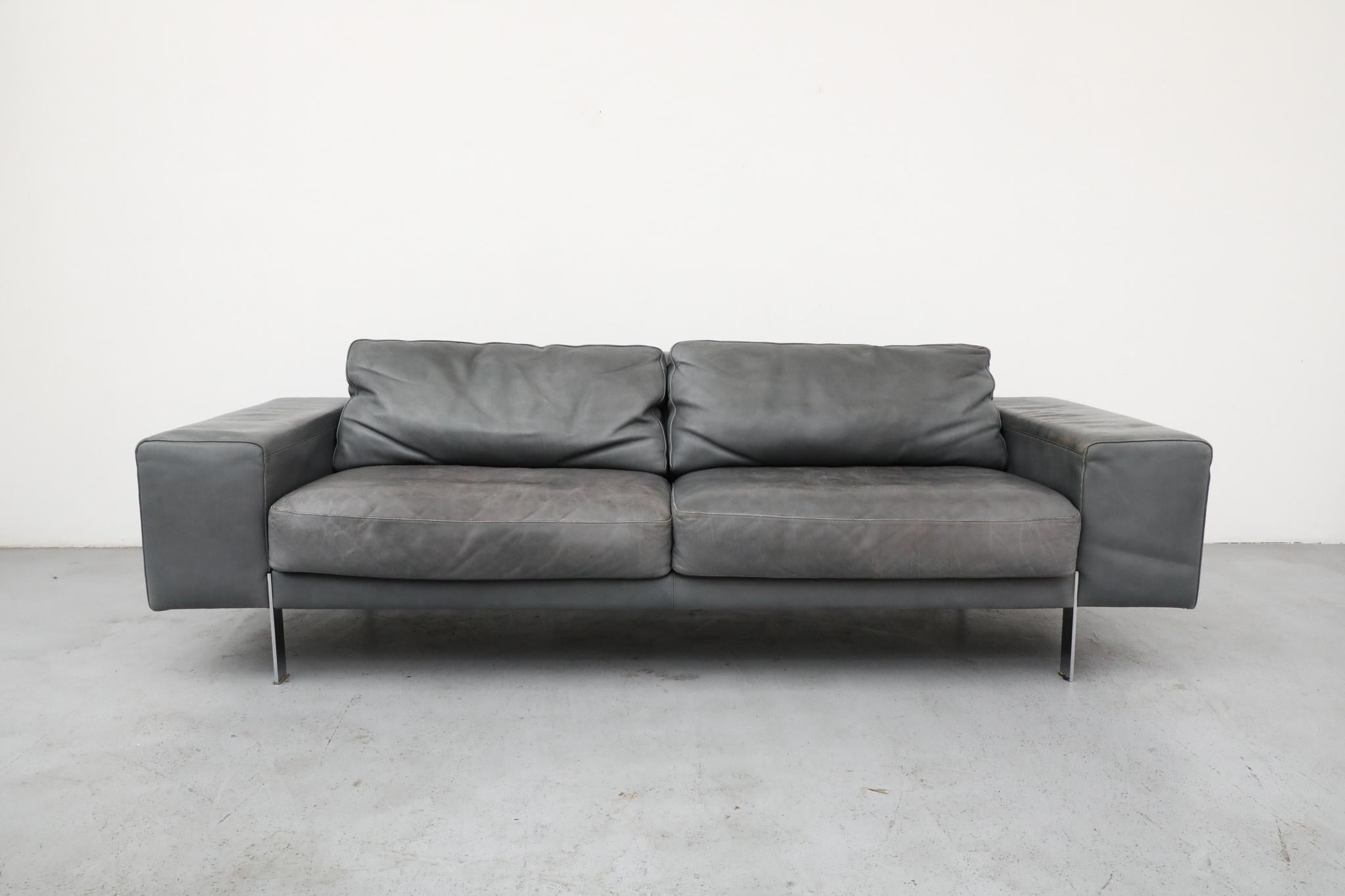 Mid-Century Modern MOD Grey Leather Sofa by Molinari For Sale