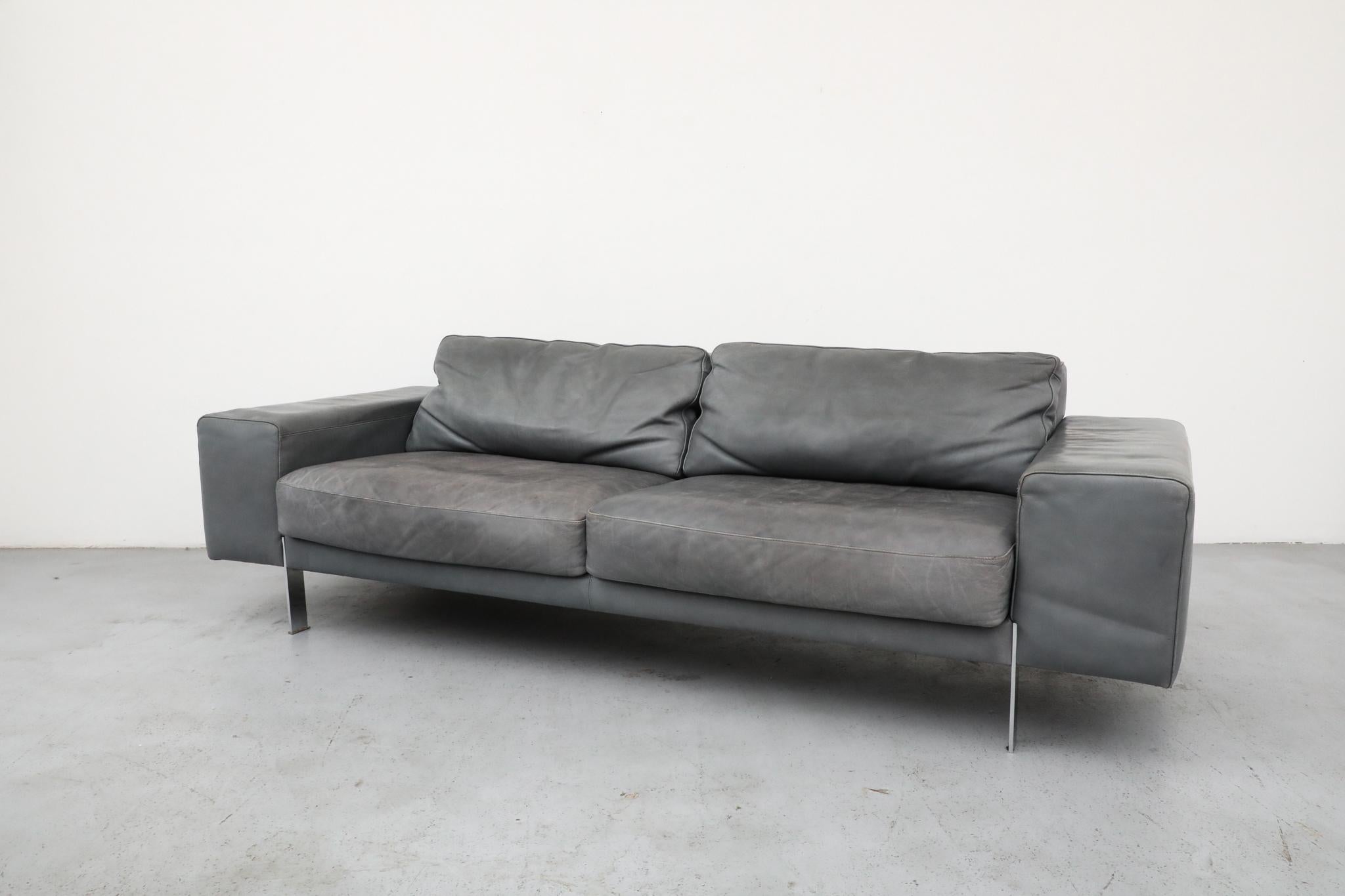 Italian MOD Grey Leather Sofa by Molinari For Sale