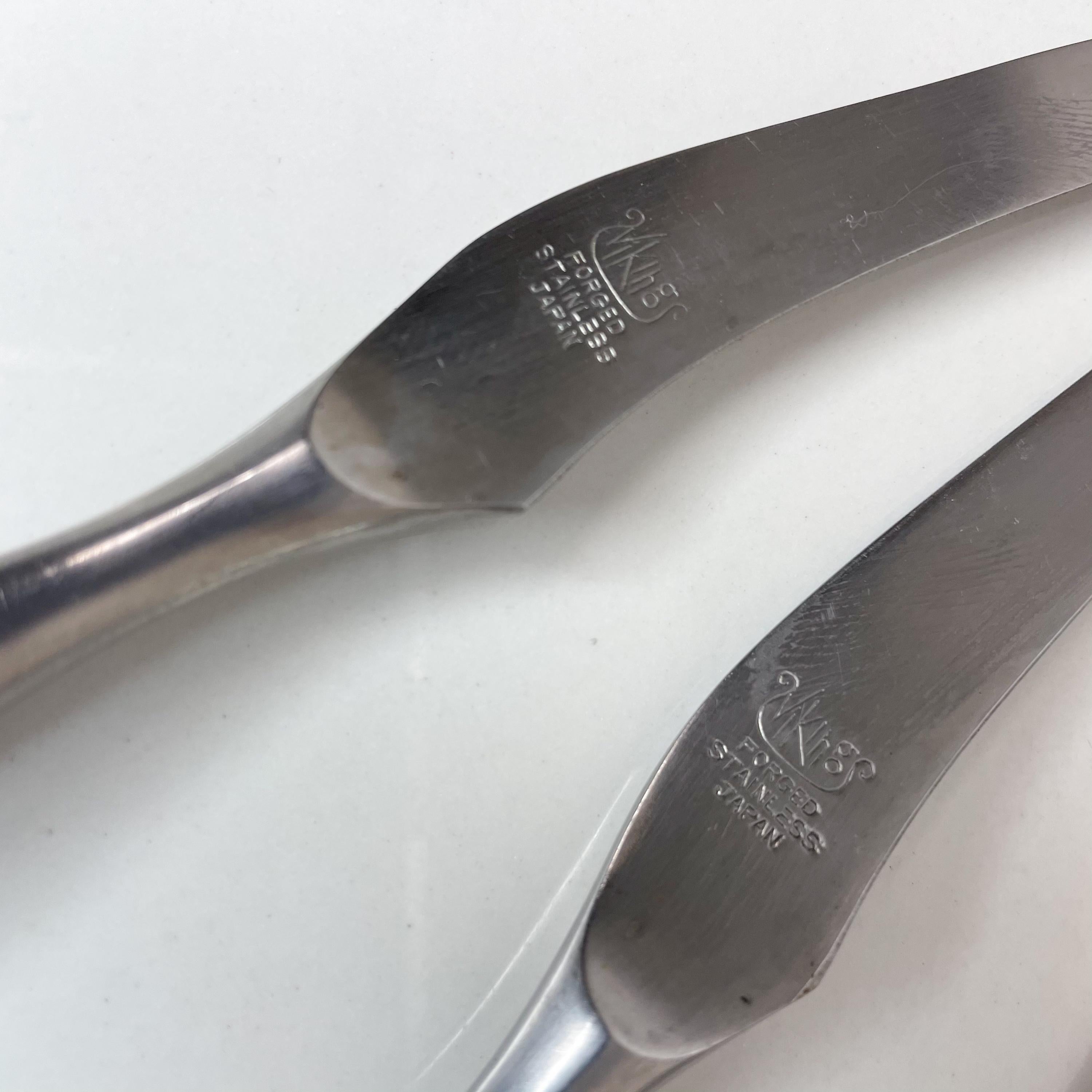 1960s Set of Six Steak Knives by Viking Forged Stainless Made Japan Midcentury Modernism
Maker stamp present.
In the style of Gio Ponti Flatware Italy.
Features lovely sculptural Black Resin Handle.
Measures: 9 L x .63 thick x .63 Tall