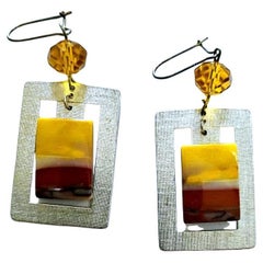 Mod/MCM Drop Earrings, Semiprecious Stone and Textured Silvertone