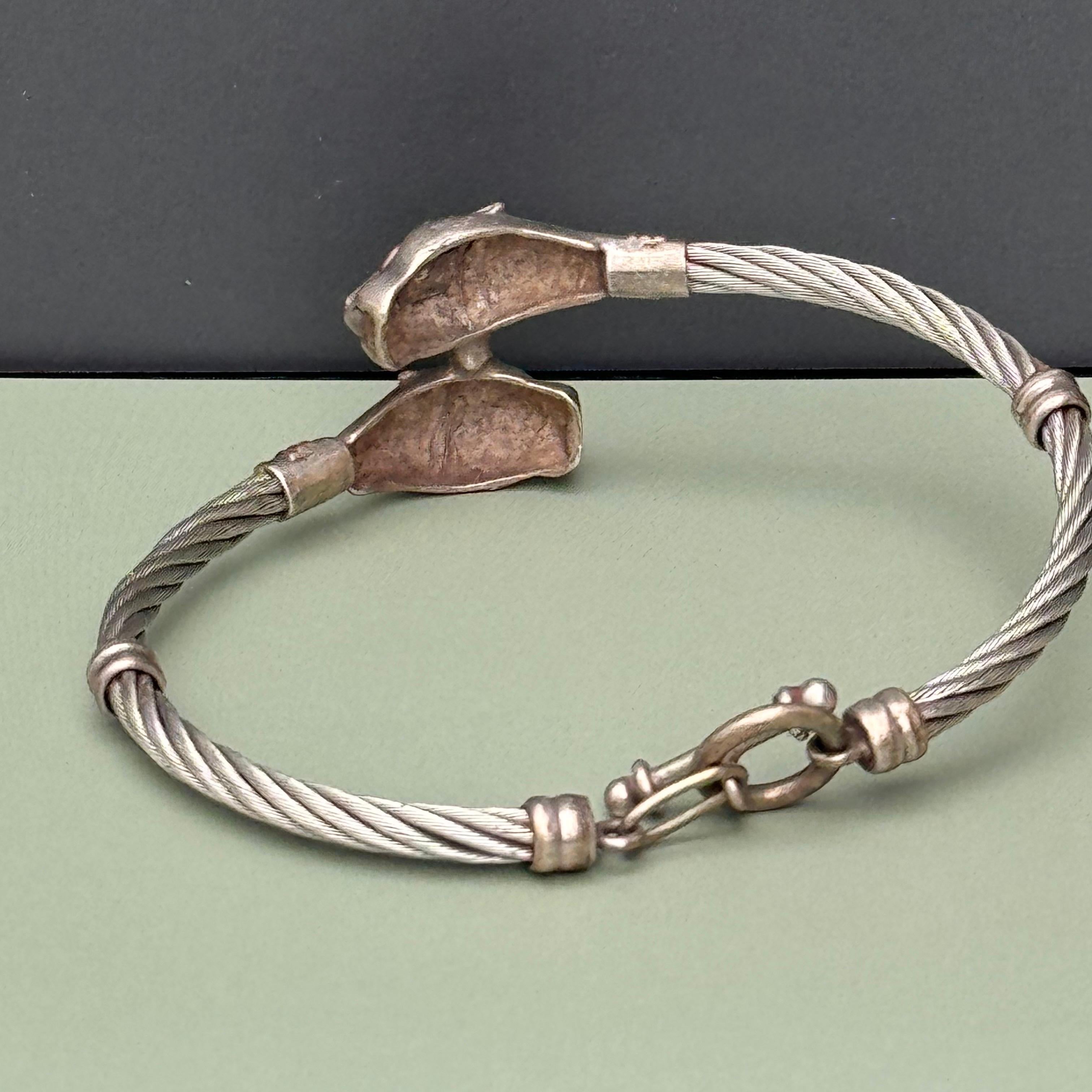 Women's or Men's Mod Modern  Silver 18kt gold Panther head Bangle Bracelet For Sale