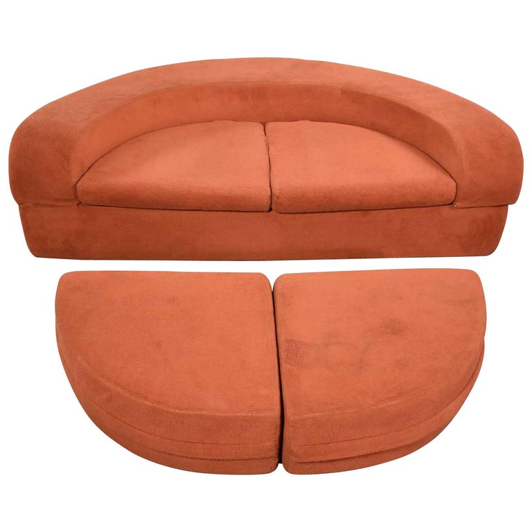 Mod Round Sleeper Sofa with Ottomans in Orange Fuzzy Fabric by Spherical  Furn at 1stDibs