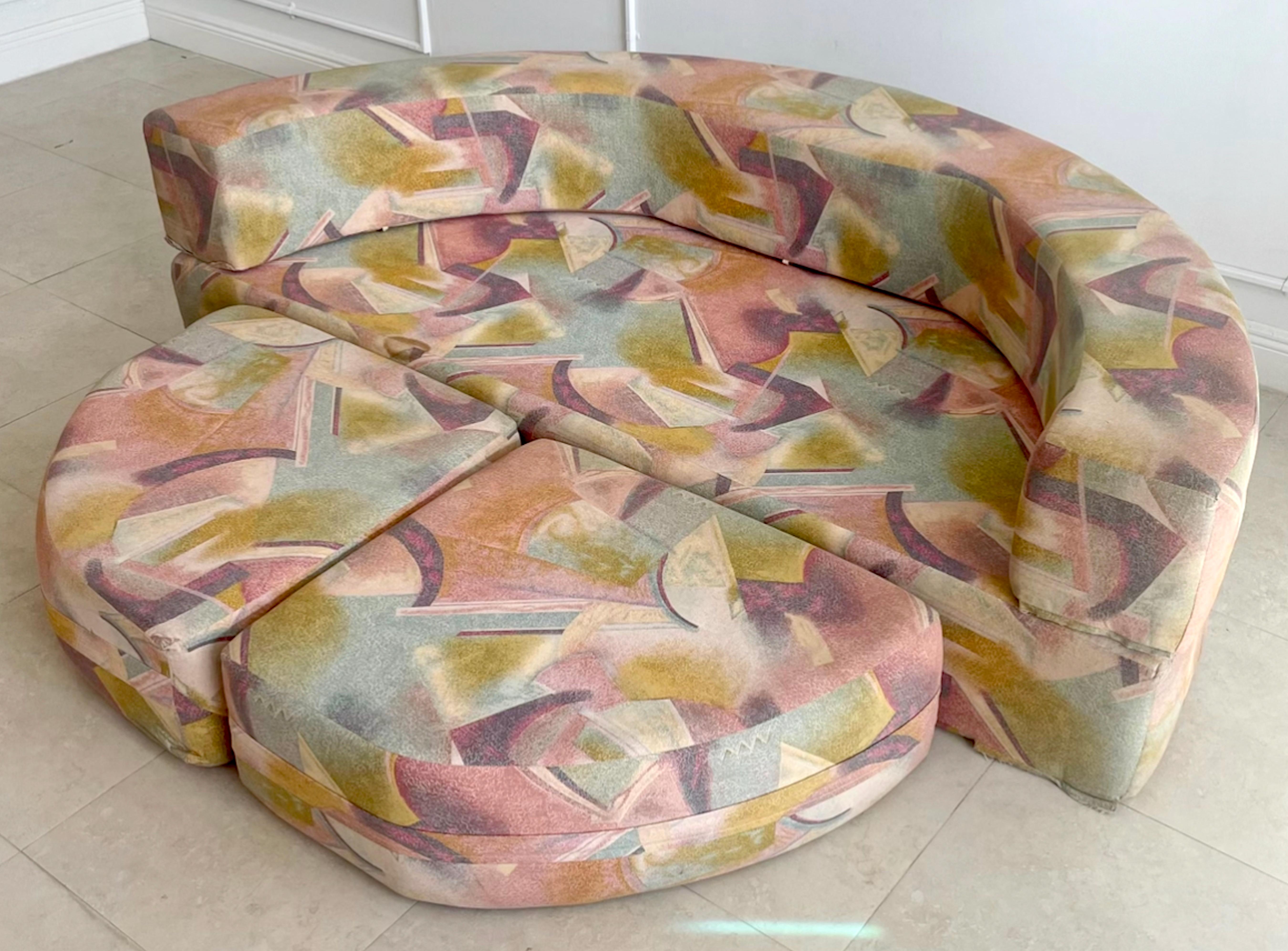 Mod round sleeper sofa with two ottomans, by Spherical Furniture, 
A rare find, ready for reupholstery in your choice of fabric. In well cared for vintage condition, foam is firm, uretains original Larson type fabric.
Consisting of five pieces, Half
