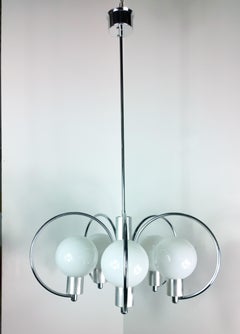 Scrolled 5-Arm Chrome Plated and Aluminum 5 Large White Glass Globes Chandelier
