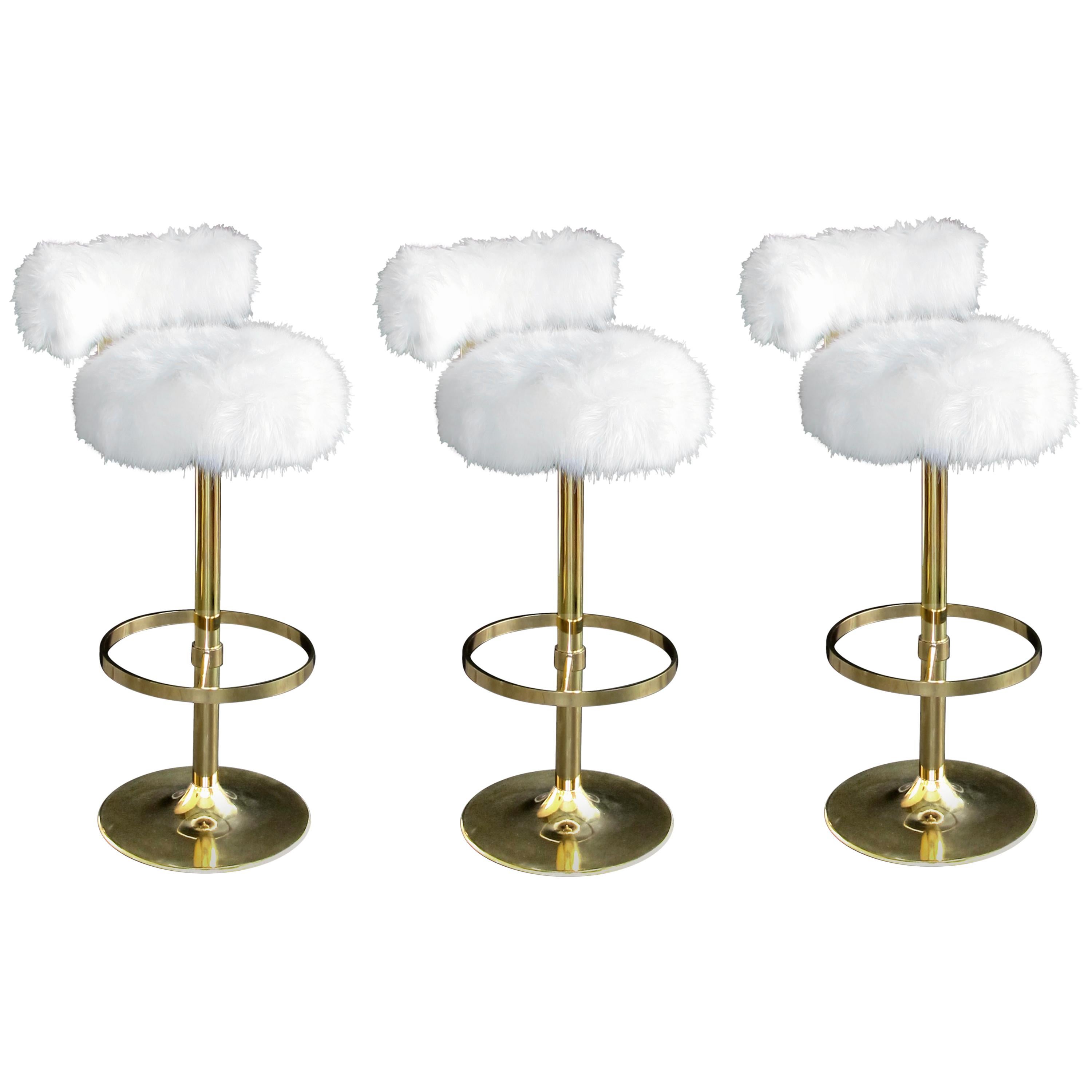 Mod Set of Three Brass 1970s Swivel Barstools with Fur Upholstery