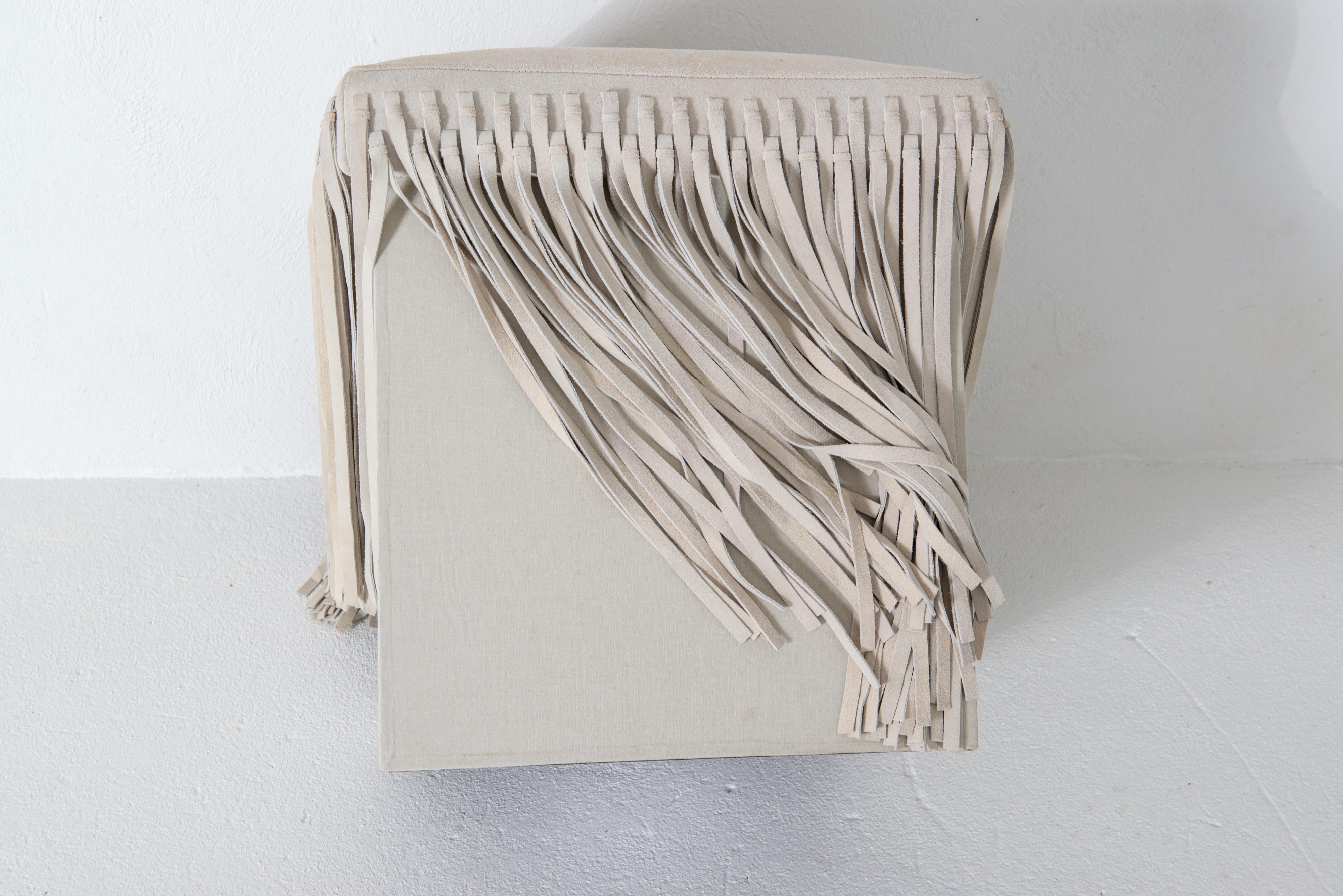 Mod Square Suede Ottoman with Floor Length Fringe For Sale 3