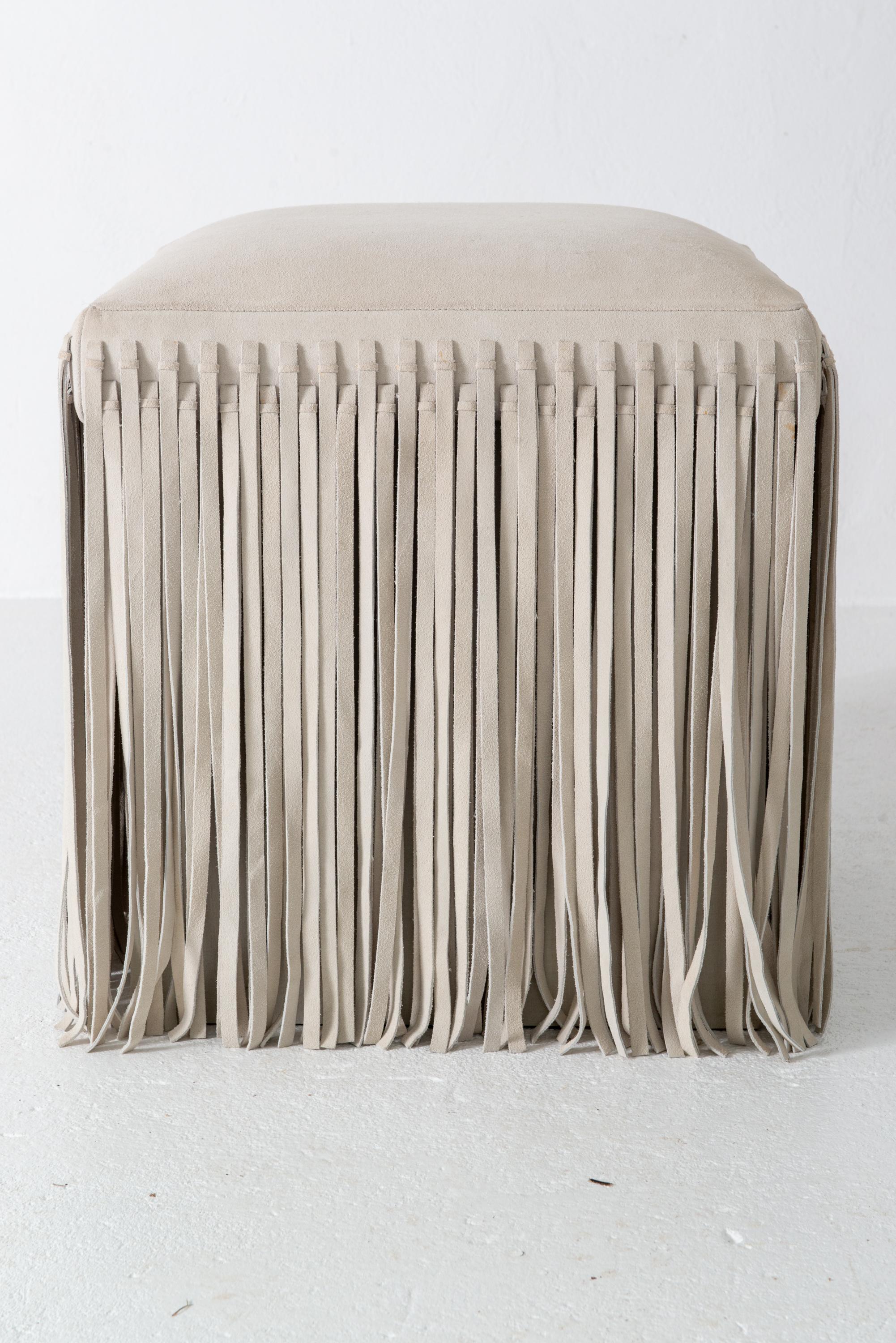 Bohemian Mod Square Suede Ottoman with Floor Length Fringe For Sale