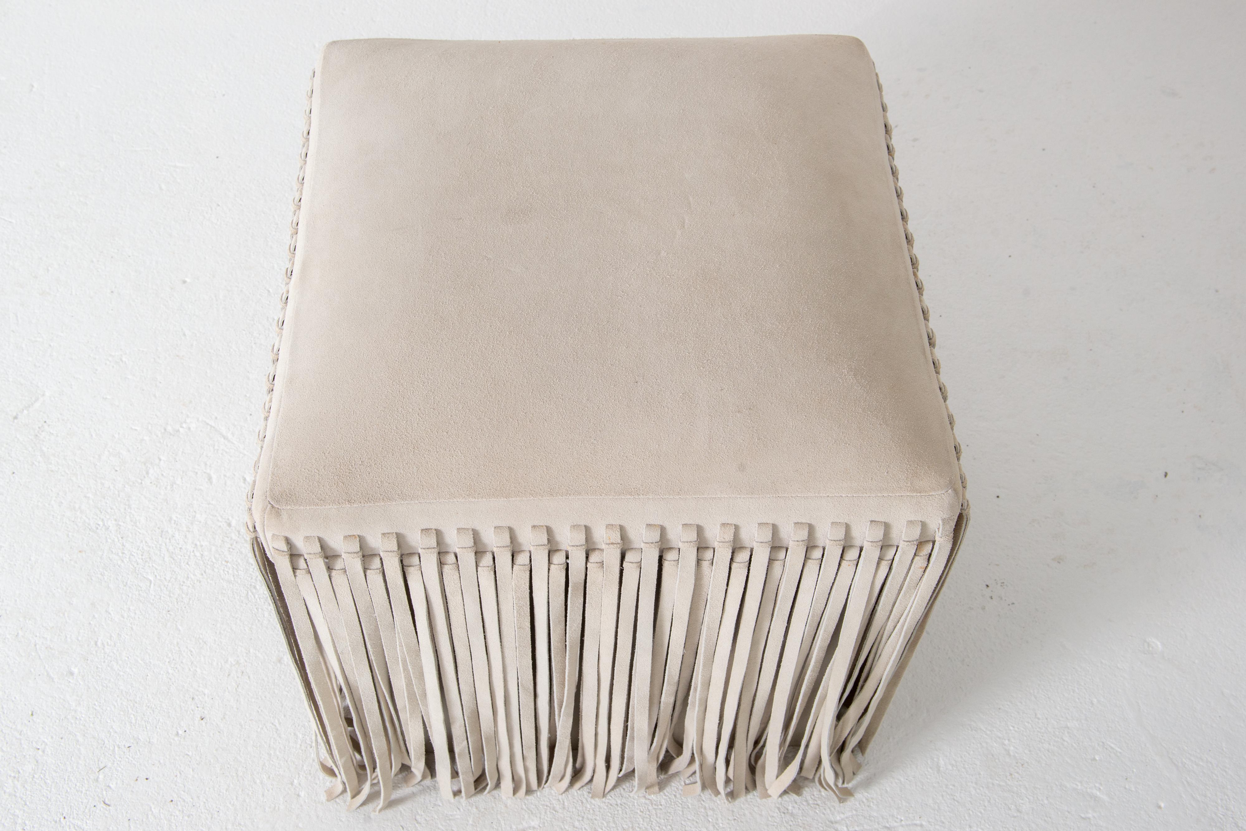 Indian Mod Square Suede Ottoman with Floor Length Fringe For Sale