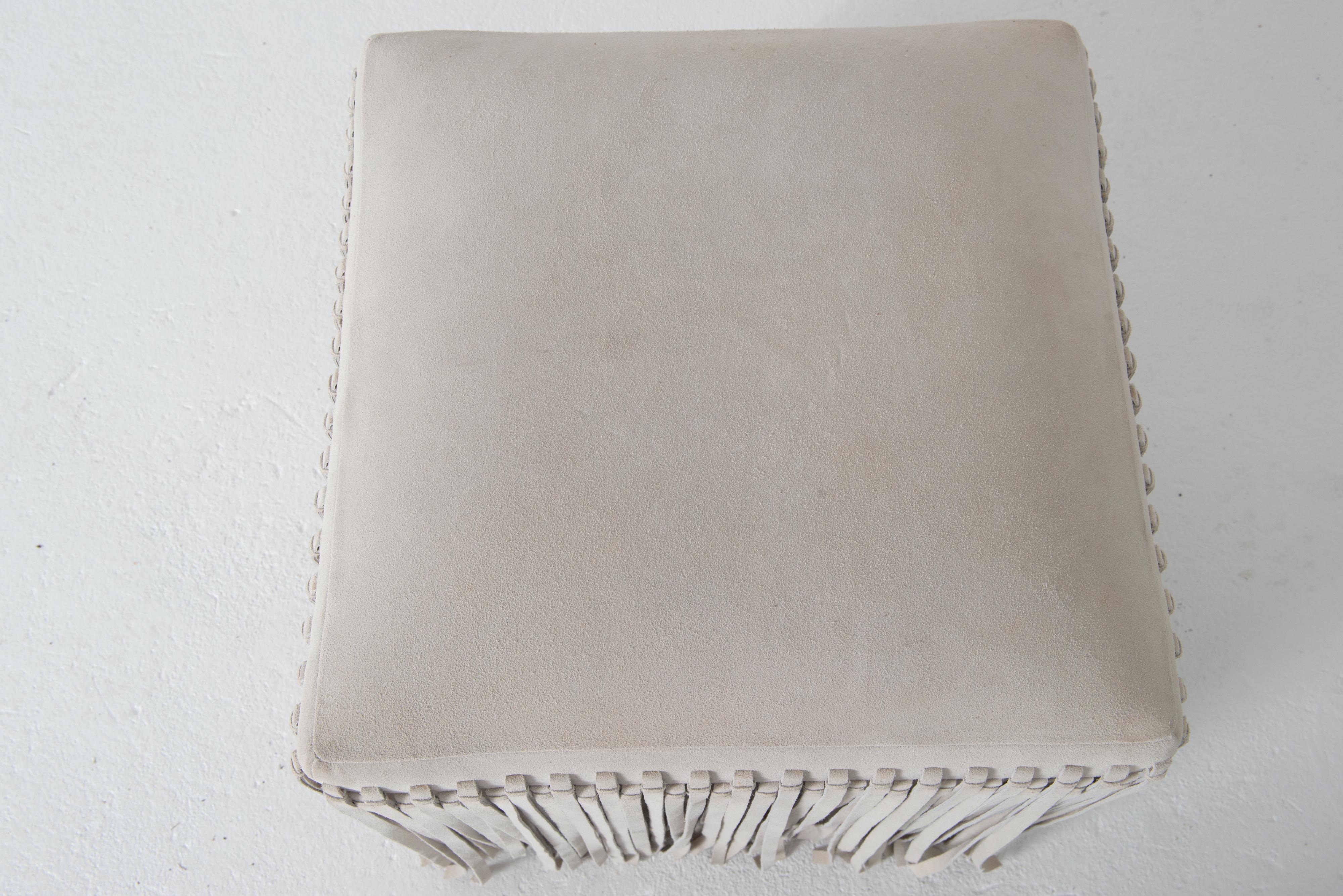 Upholstery Mod Square Suede Ottoman with Floor Length Fringe For Sale