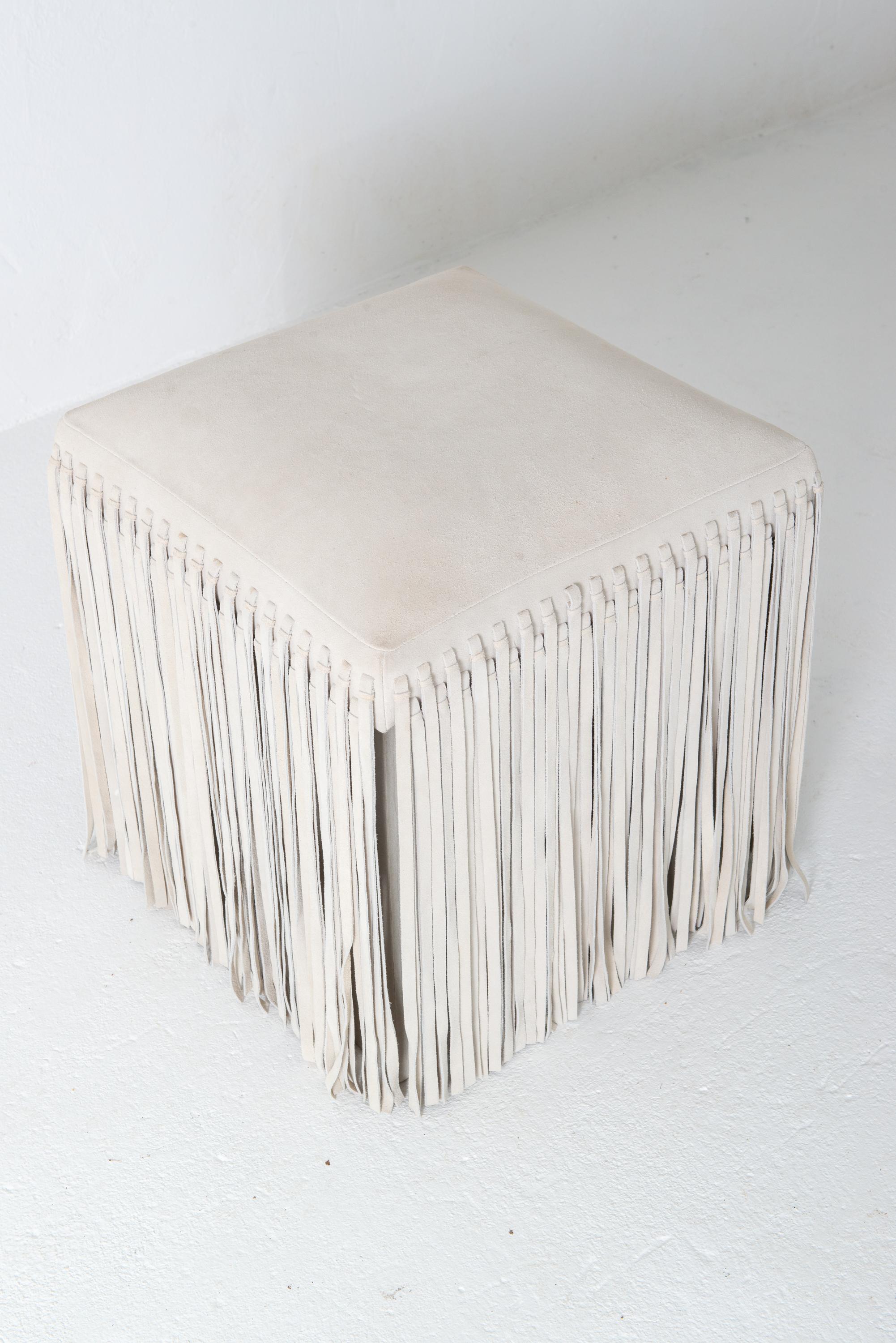 Mod Square Suede Ottoman with Floor Length Fringe For Sale 2